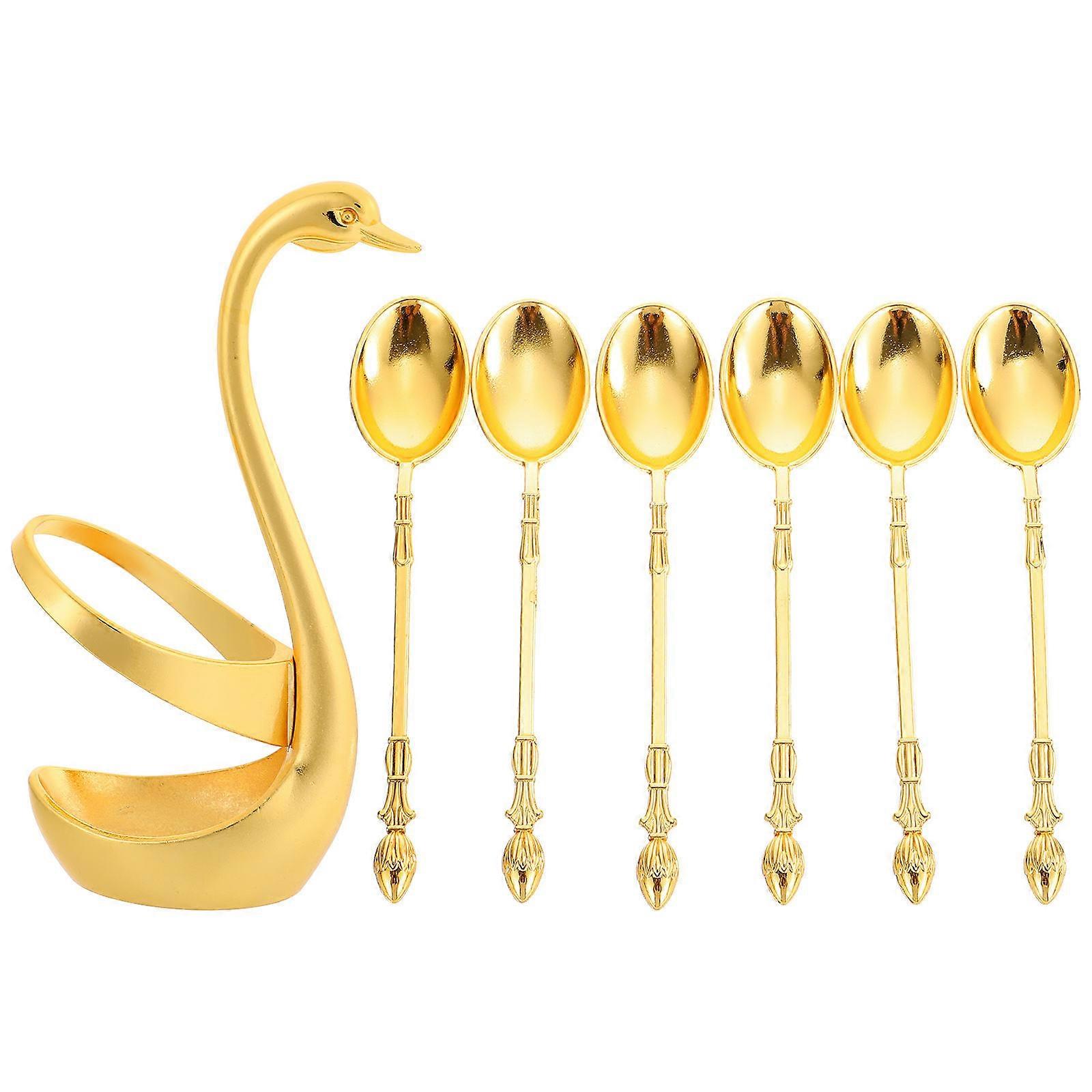 Swan Shaped Alloy Dessert Spoon Set with Elegant Storage Rack Gold Creative Dinnerware for Stylish Home Kitchen