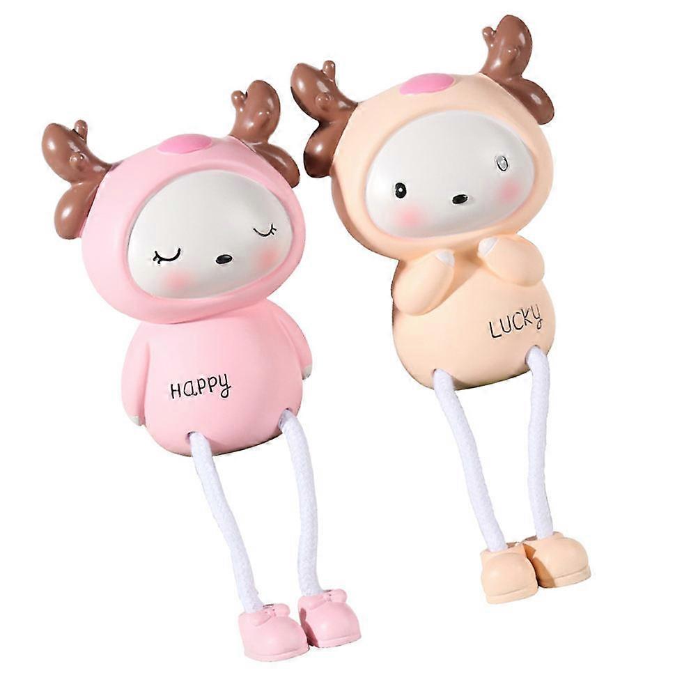 Cartoon Resin Deer Figurine Home Ornaments Bedroom Bookshelf Pink Resin Material 2Pcs