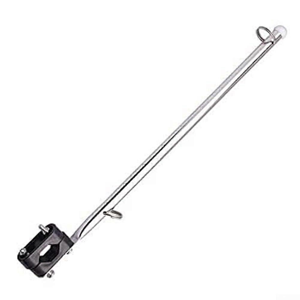 Marine flagpole holder made of polished stainless steel, suitable for 2.2 cm to 2.5 cm rails, sturdy design.