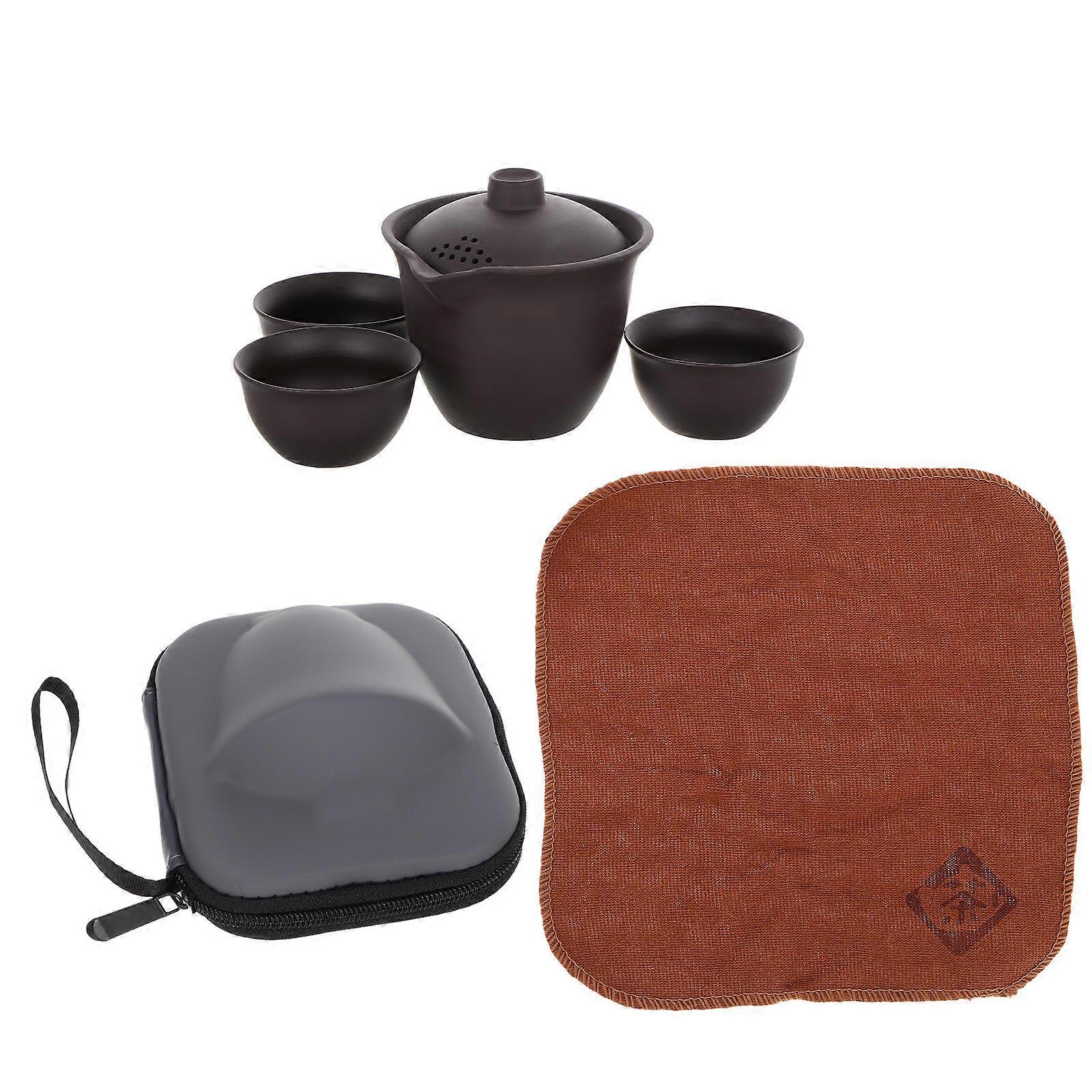Portable Travel Tea Set with 1 Teapot 3 Cups Crafted from Ceramic in Coffee Color for Outdoor