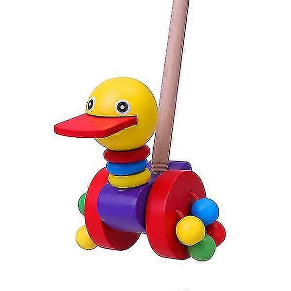 漫画の動物カートと木製のプッシュロッドおもちゃを備えたベビーウォーカー - 子供に最適(扁平な口のアヒルスタイル)