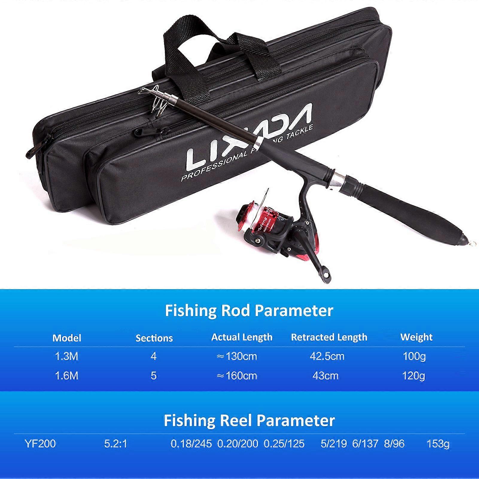 Lixada Portable 1.3m/1.6m Telescopic Fishing Rod and Reel Combo Travel Fishing Tackle Full Kit Set with Spinning Reel Soft Lures Jig Hooks Carry Bag