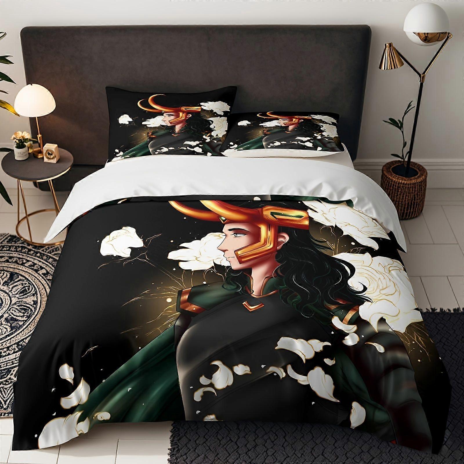 TE964 Marvel 3-częściowy zestaw pościeli z kreskówkowym wzorem Loki, w tym poszewki na kołdry i poszewki na poduszki. Lekki, ale ciepły, idealny do