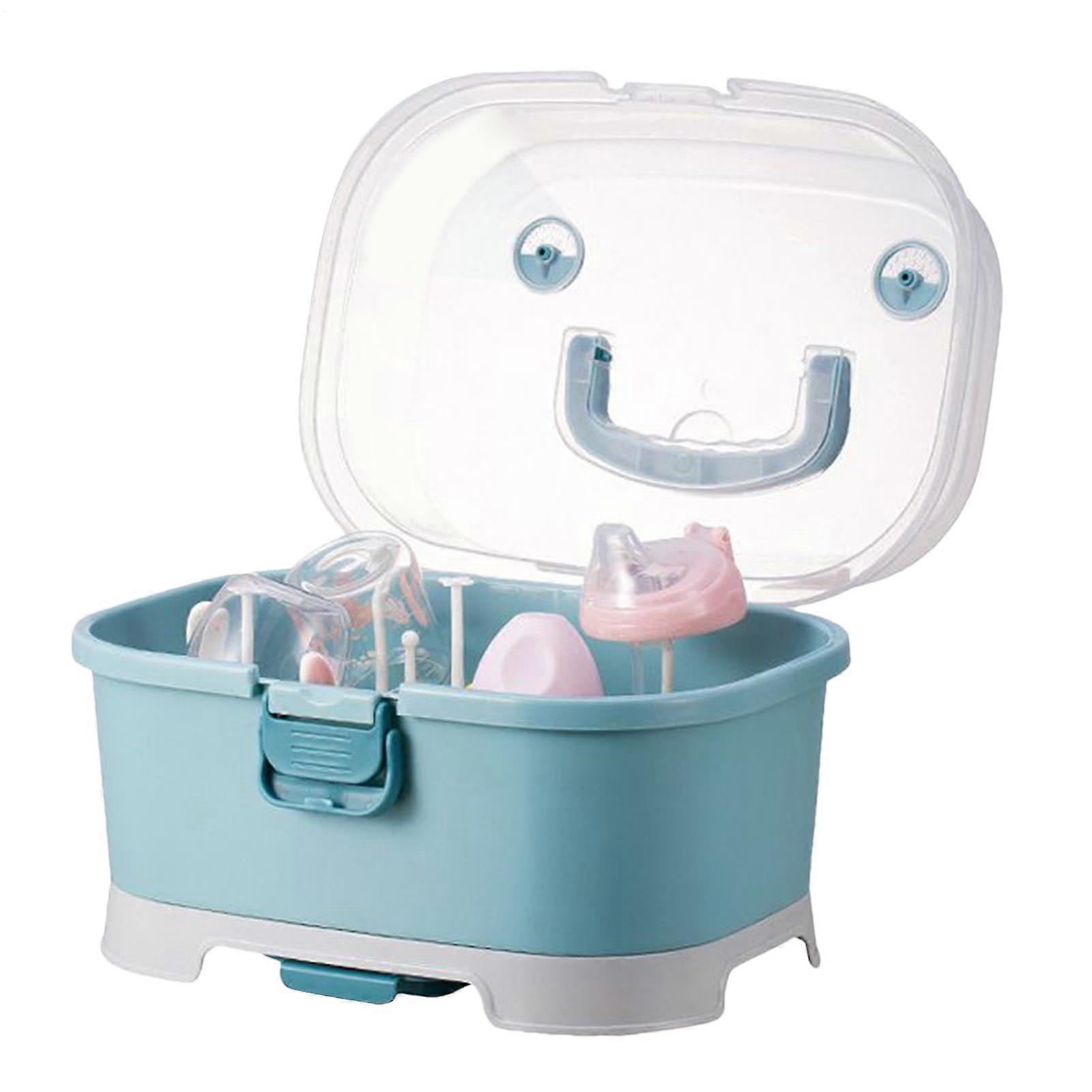 Baby Bottle Storage Box Dustproof With Removable Drip Tray, Removable MultiLayer Blue Drying Rack For Toddlers