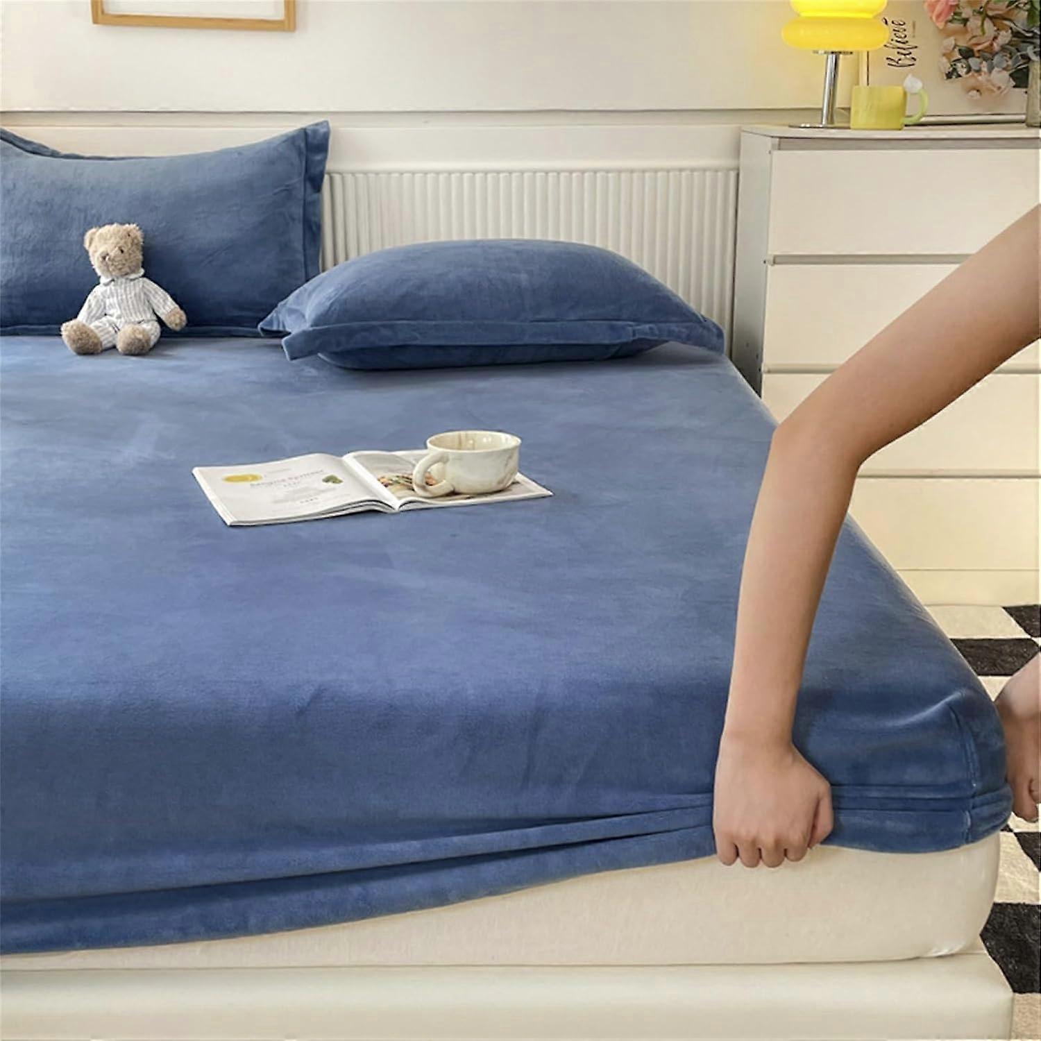 King Double Single Fitted Sheets Solid Color Thickened Crystal Velvet, 25cm Deep Pocket, AntiSlip, Blue 200x22025cm