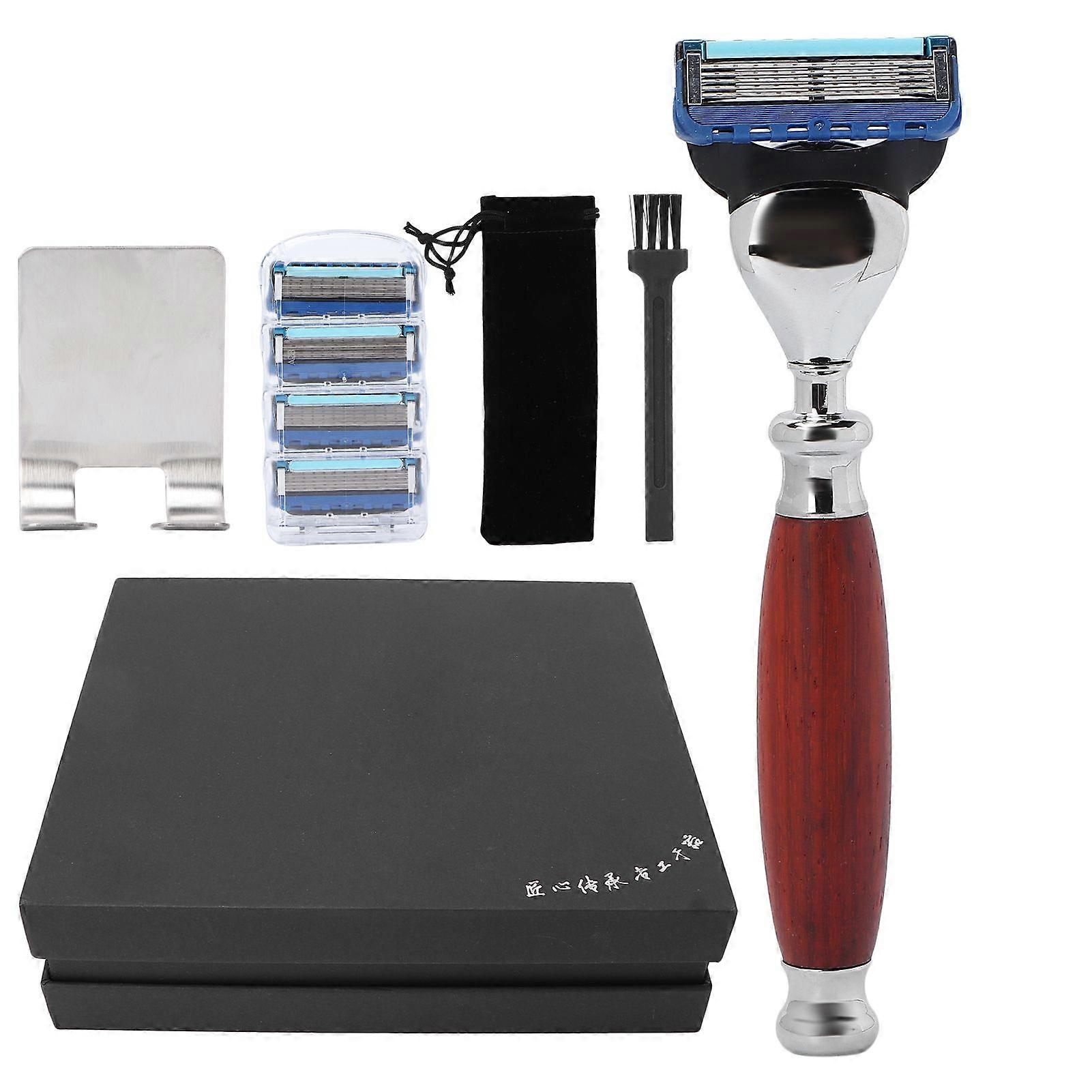 Men's Manual Razor Set 5 Layers Blade Wooden Handle 4 Refills Reusable Beard Shaving Razors
