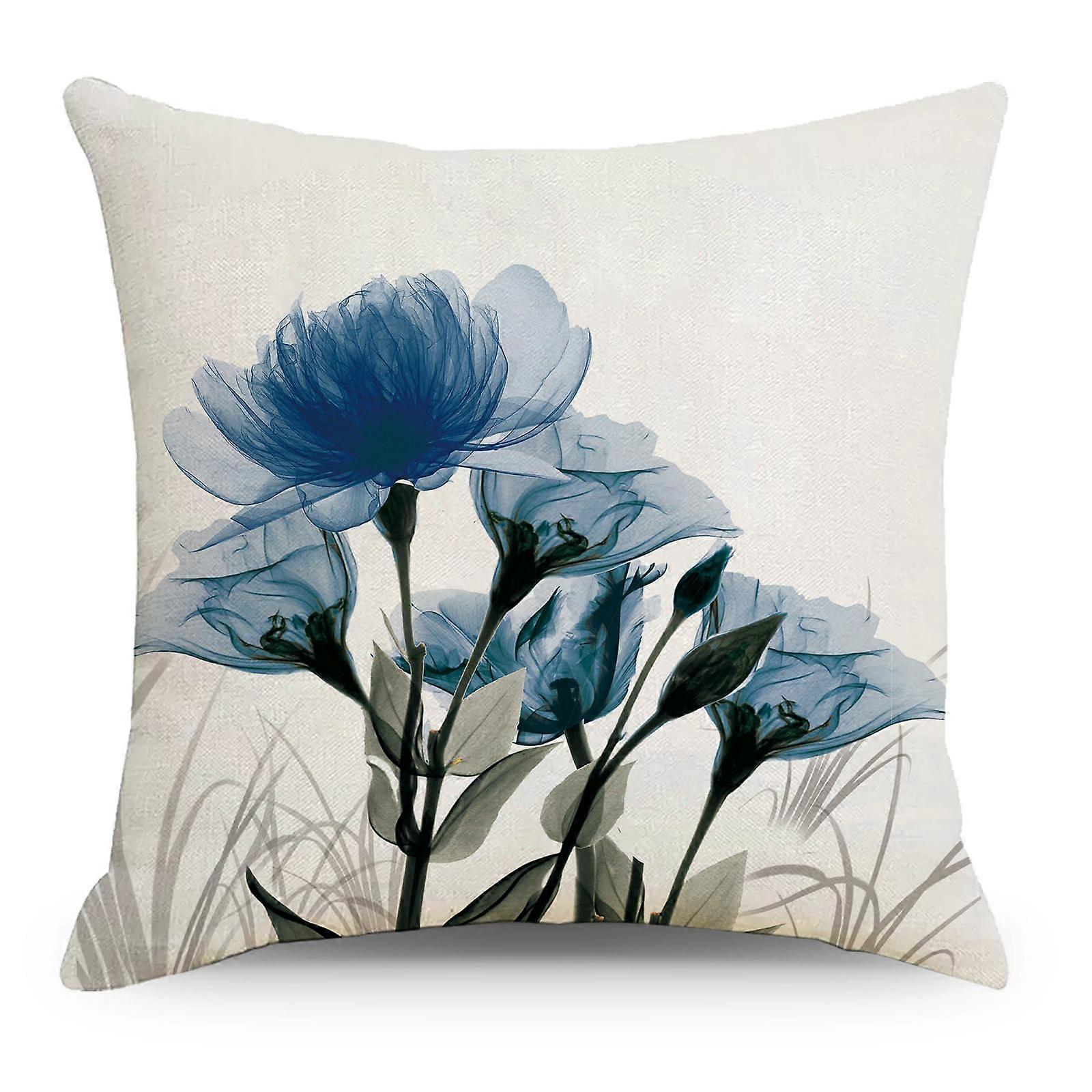 Square Pillowcase 2 Pieces Blue Ink Flower Pattern For Home Sofa Car Office Model D