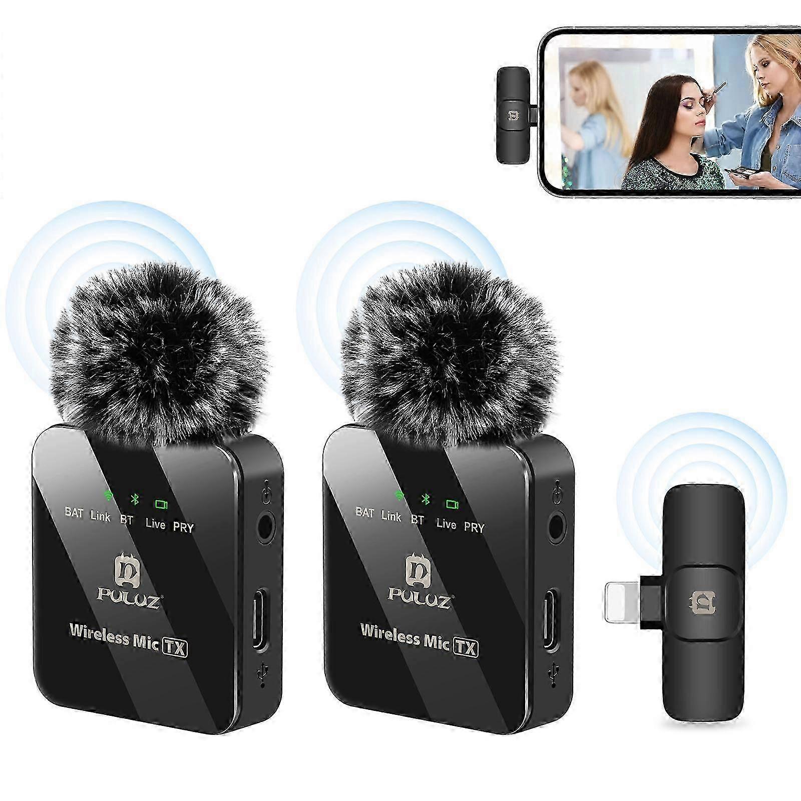 PULUZ Wireless Lavalier Microphone for iPhone / iPad, 8-Pin Receiver and Dual Microphones (Black)
