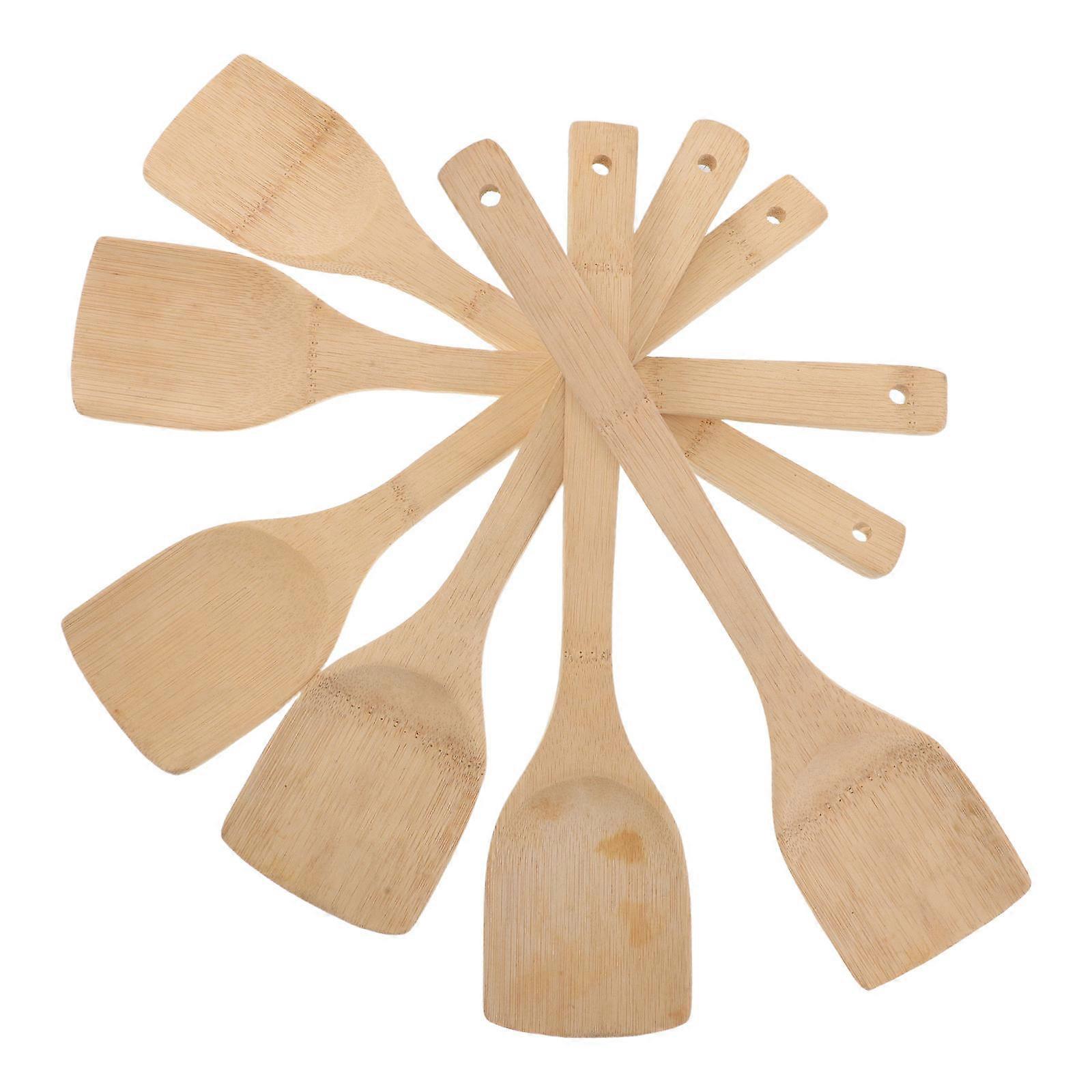 Bamboo Kitchen Utensil Set Flat Handle Spatulas for Nonstick Cooking Lightweight 6Pcs