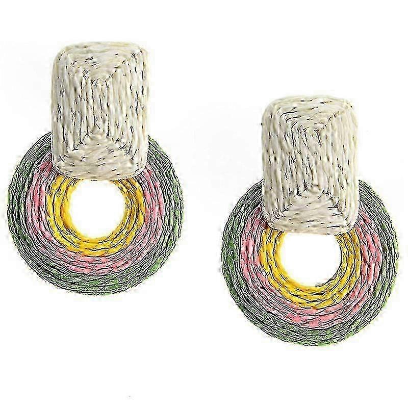 Statement Raffia Round Earrings - Boho Drop Handmade Straw Earrings -Geometric Dangle Earrings for Womengirls
