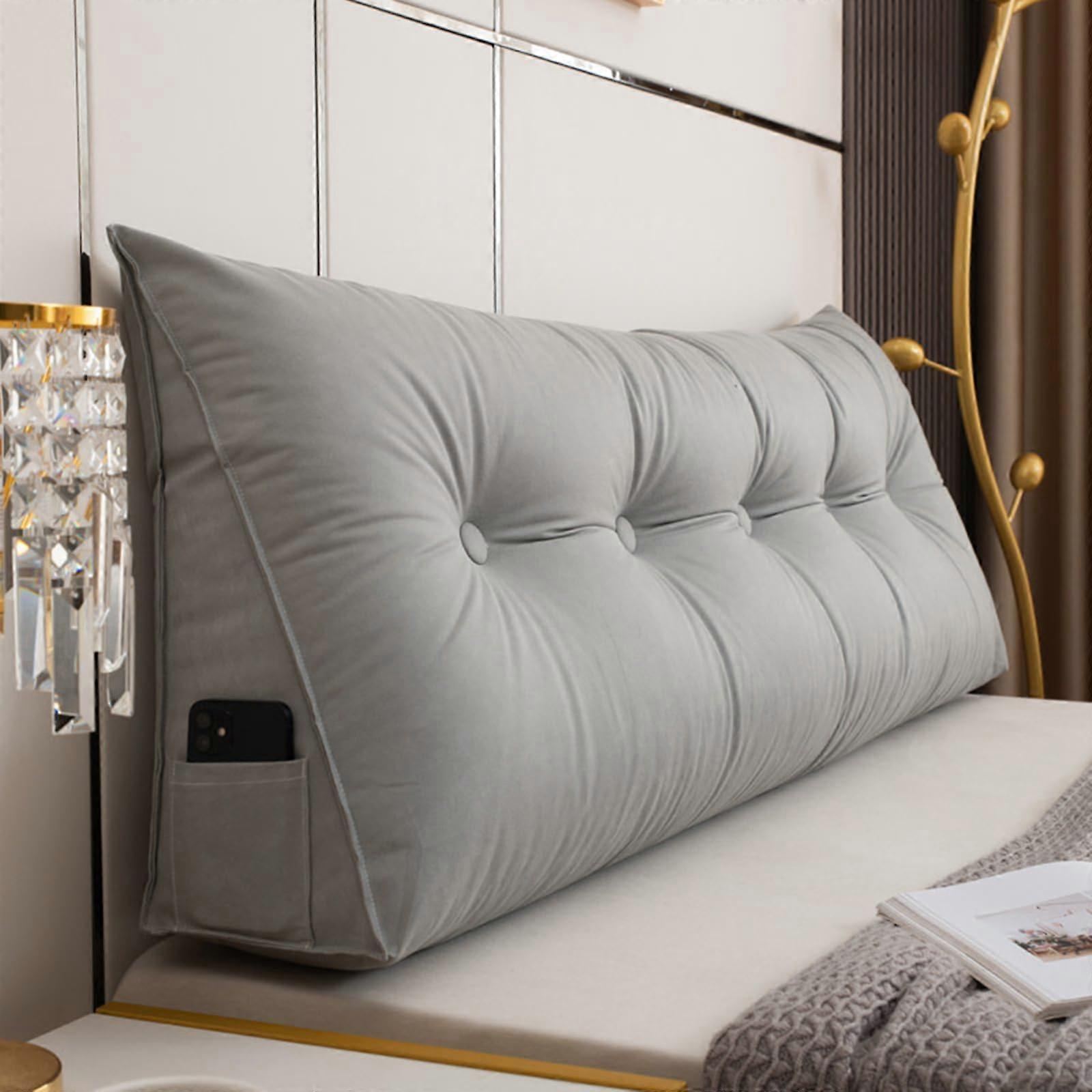 Soft Washable Headboard Cushion Triangular Reading Pillow For Bed Sofa Back Shoulder Support Silver Gray L150xH50cm