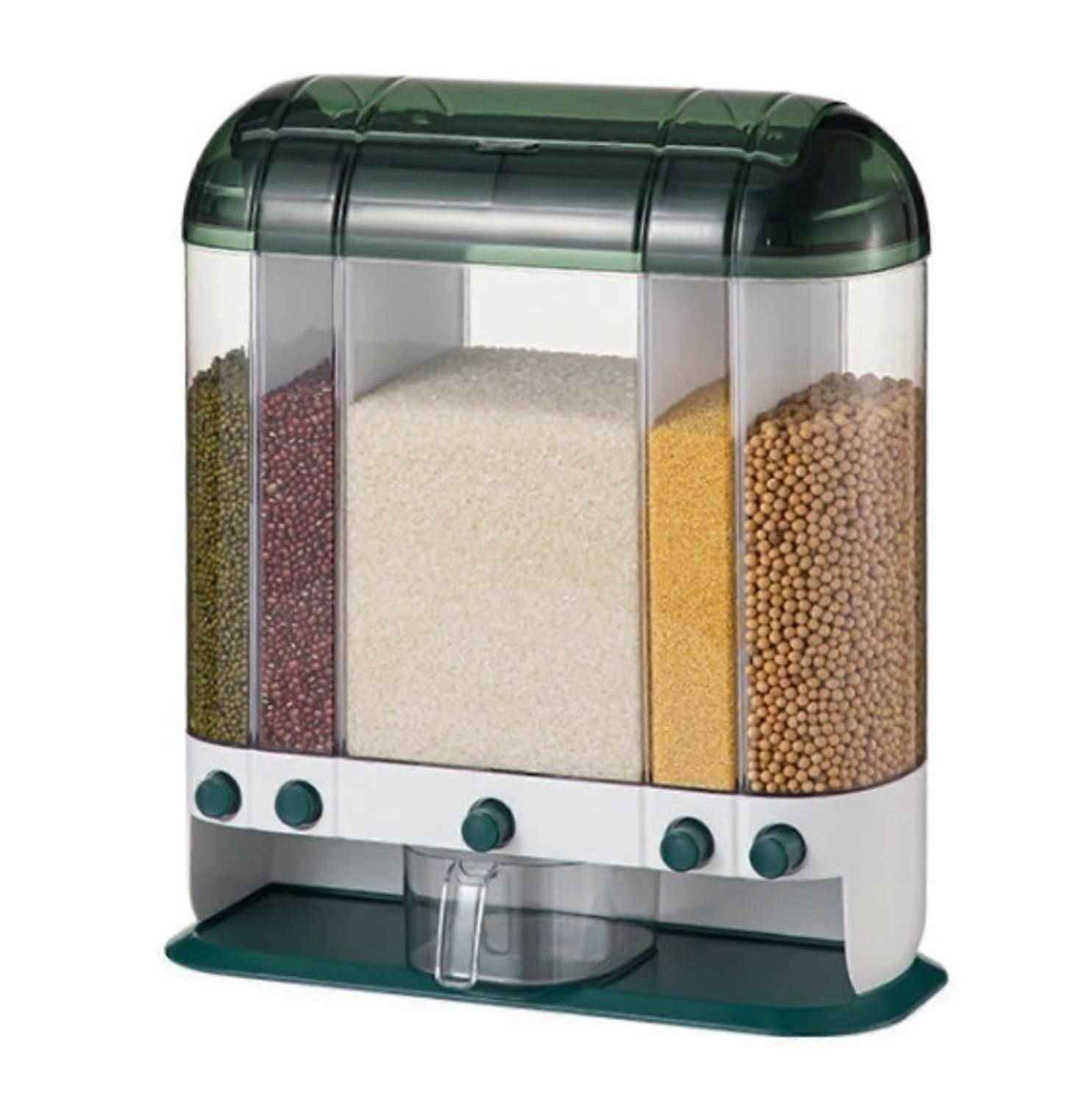 Grain Dispenser 5Compartment Dry Food Storage With Removable DoubleLayer Baffle For Pantry Green 49x42x18 cm