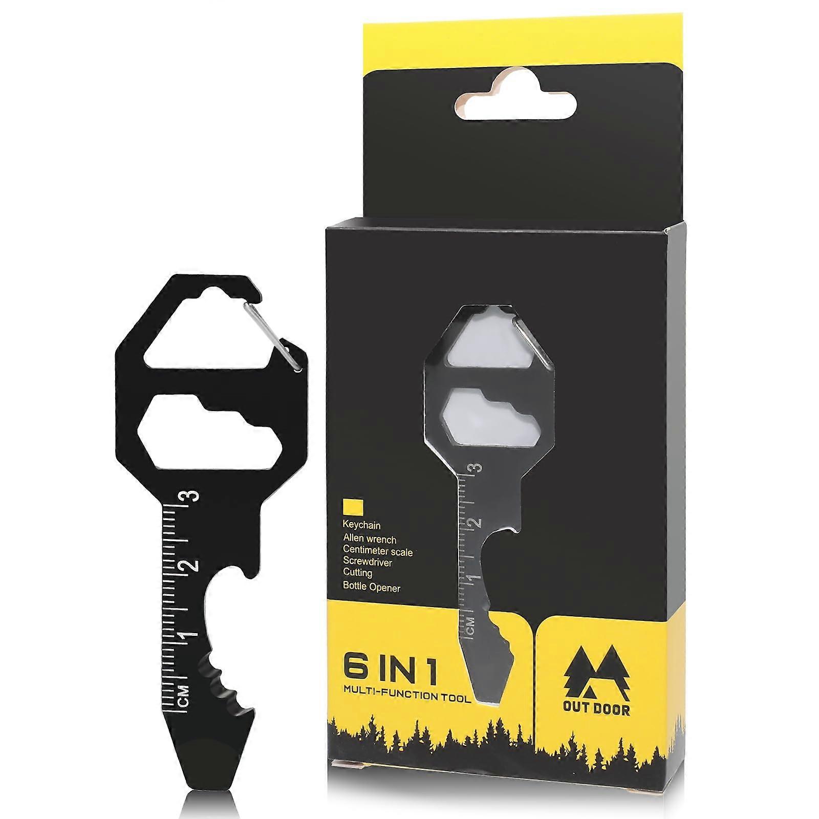 Stainless Steel Keychain Bottle Opener 6 in 1 Tool with Wrench Pry Bar Ruler Cord Cutter for Men