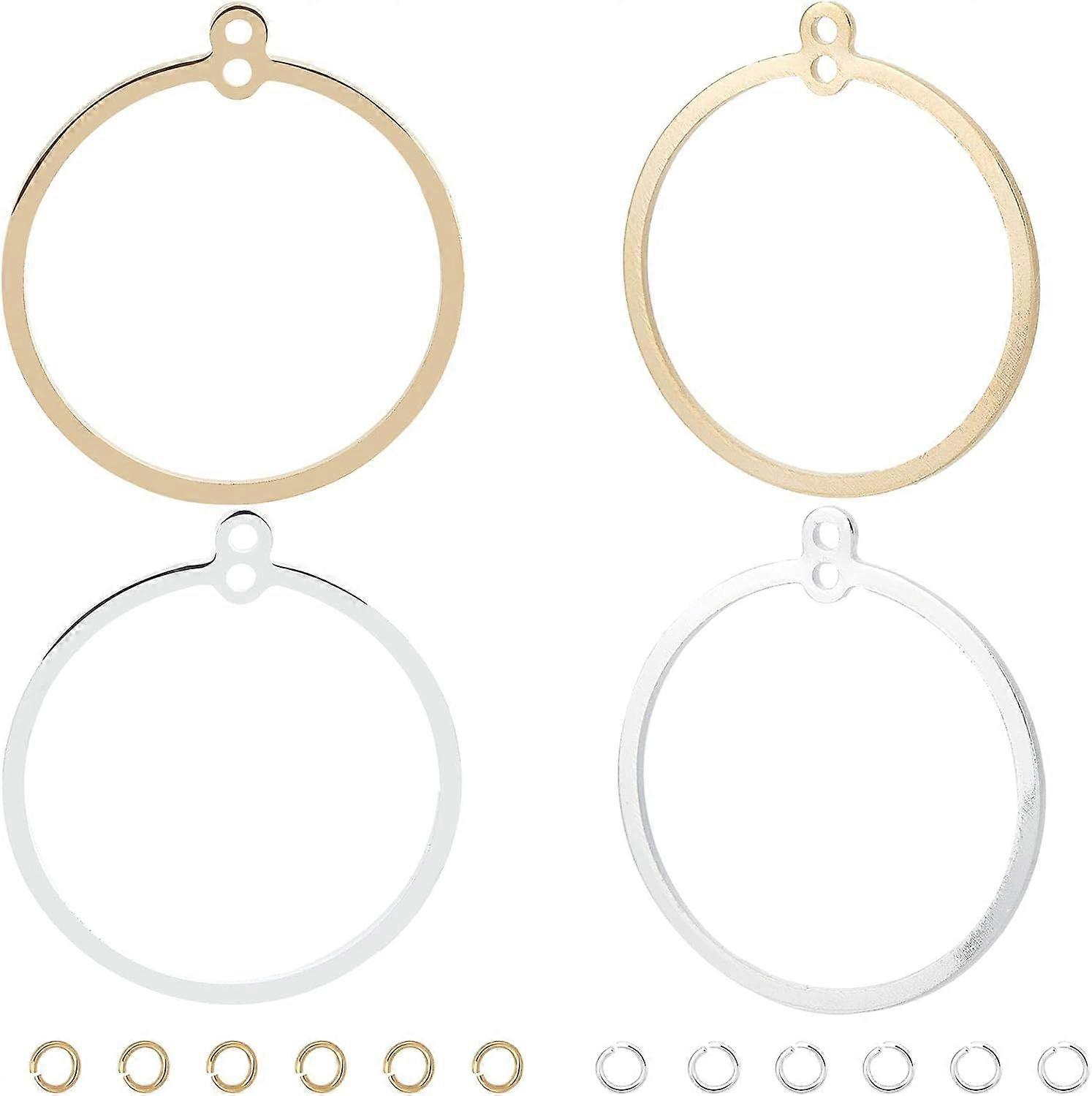 1 Box 32Pcs Golden Silver Round Beading Earring Hoops Open Back Bezel Pendant Real 18K Gold Plated Brass Circle Hollow Charms with Loop 12Pcs Jump Rin