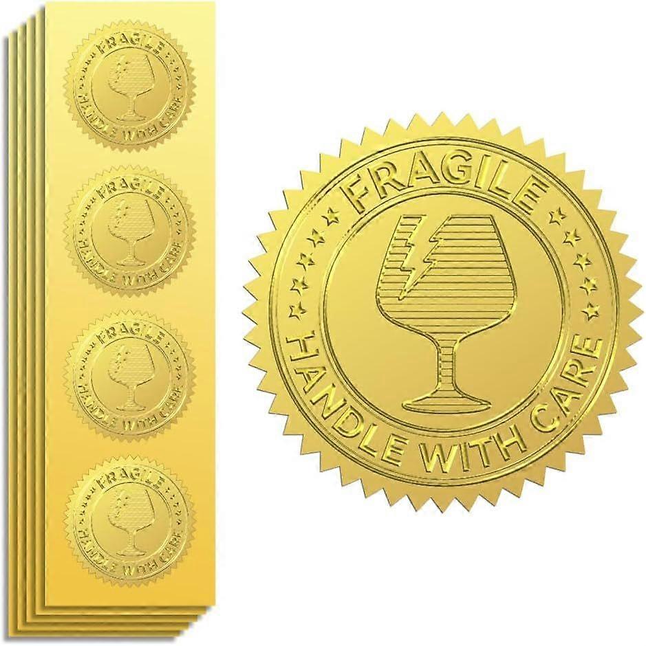 Gold Foil Stickers Seals Embossed Fragile 2 Inch 100Pcs Self Adhesive Gold Around Embossing Sticker for Fragile Glass Gift Package Reminder