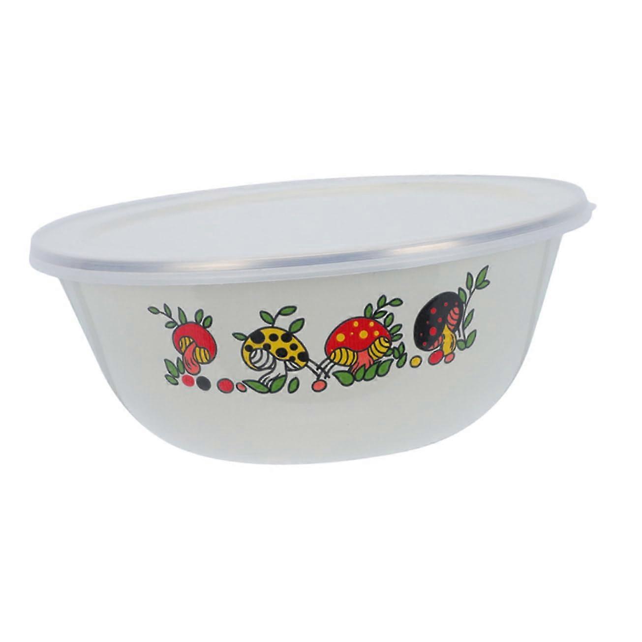 Vintage Enamel Mixing Bowl with SplashProof Lid Large Capacity Mushroom Print for Kitchen and Picnic