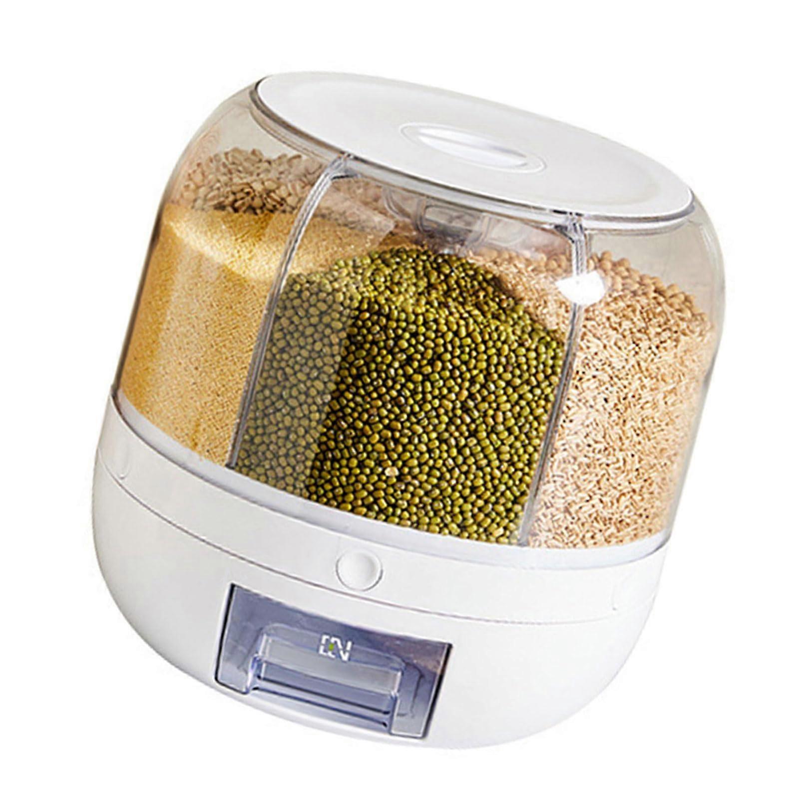 Rotating Rice Dispenser with Six Removable Compartments, MoistureProof Grain Storage for Kitchen