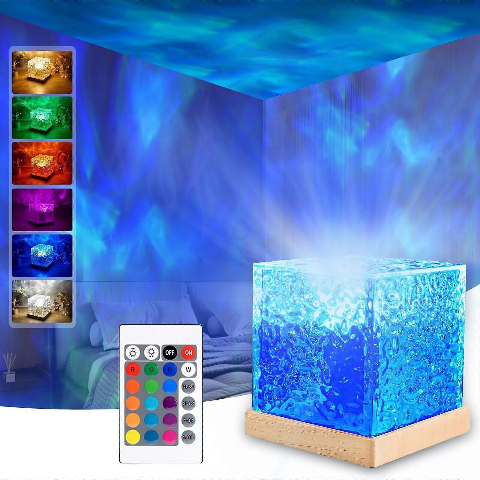 Ocean Wave Projector Lamp with 3D Aurora Flame Effects, 16Color LED Cube Night Light with Remote