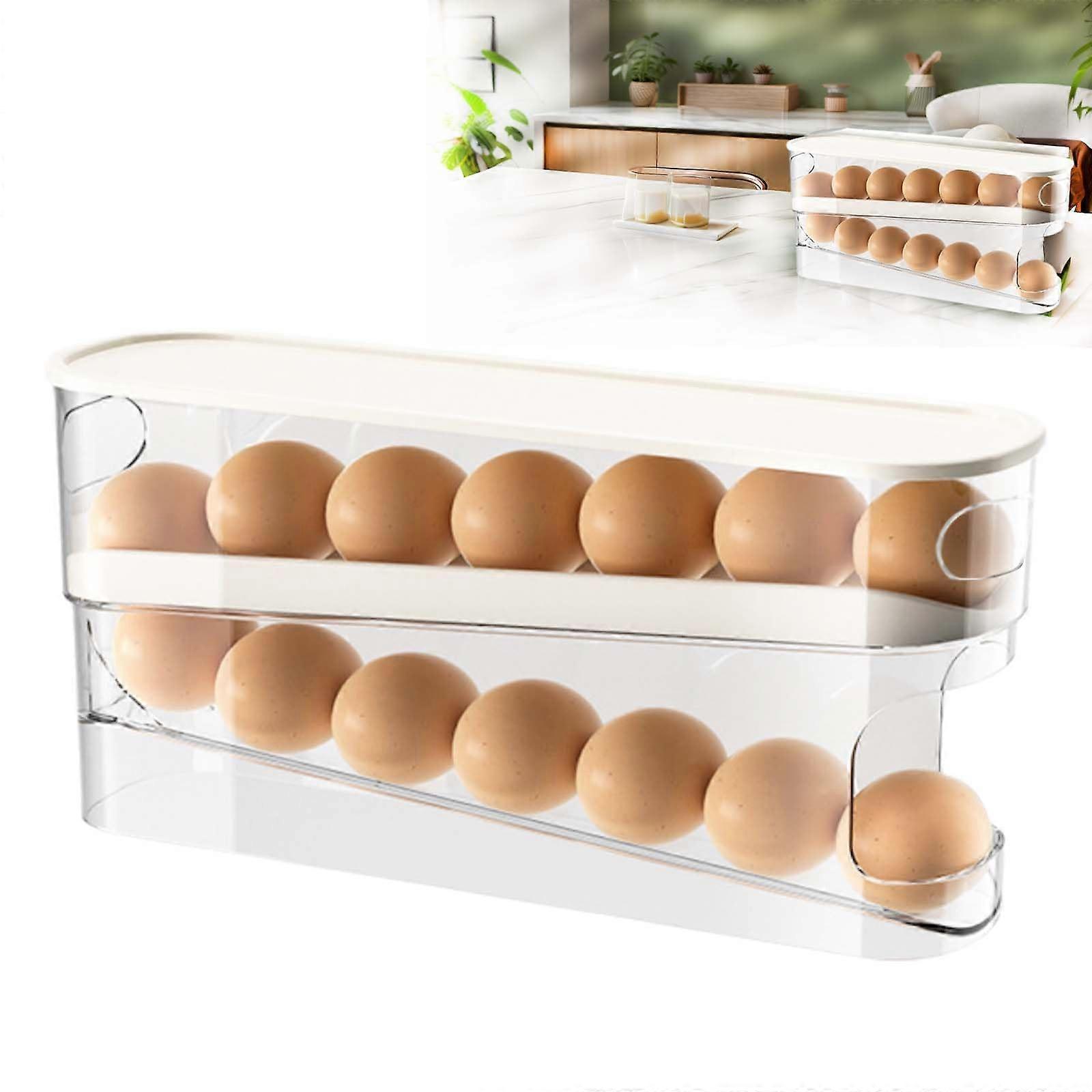 Egg Holder for Refrigerator, Stackable Clear Automatic Rolling Egg Organizer Tray with Lid 1PC