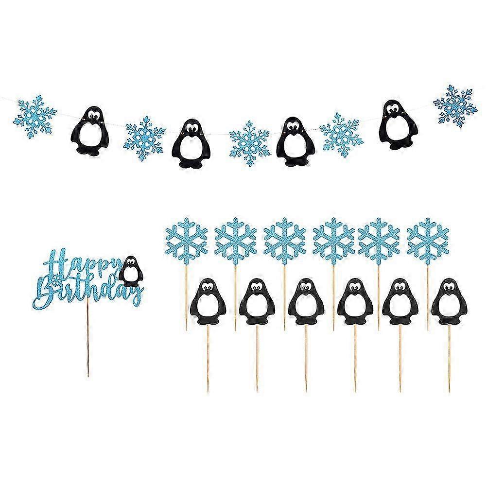 14 Pcs Unique Snowflake Paper Party Banners Creative Cake Toppers Pull Flags Set