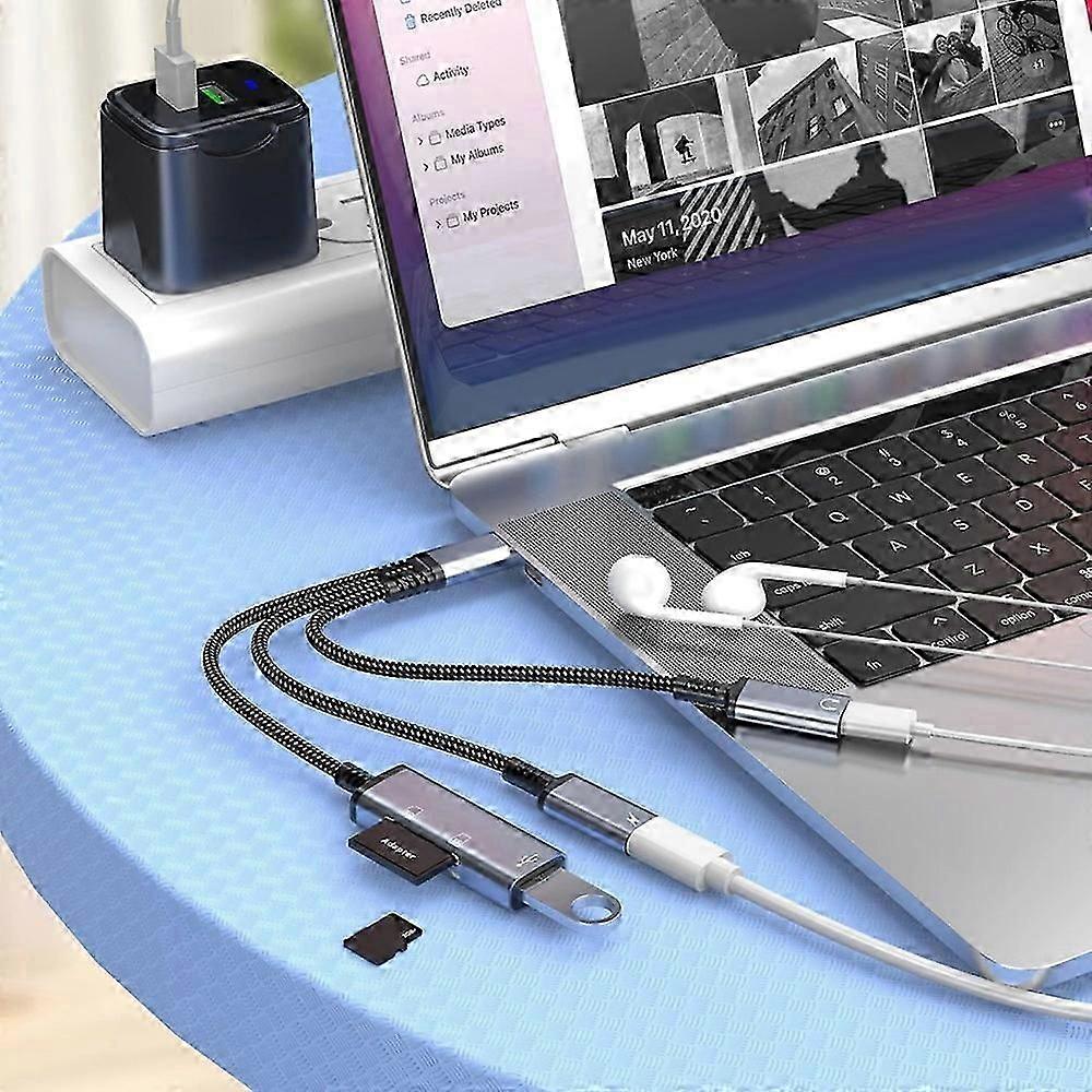 Type C to Dual Type C/USB Multi-Functional Adapter Cable Fast Charging Audio Transfer SD Card Support compatible with Electronics