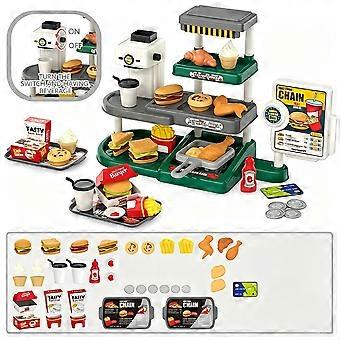 Pretend Play Food Toy Set with Coffee Ice Cream Burger Fries Cash Register Pizza Chicken Leg, Kids Kitchen Toys for Boys Girls, Without Battery, Birth