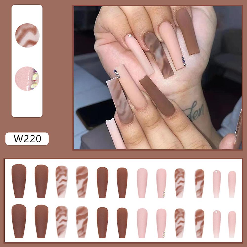Ballerina Fake Nail Diy Marbling Pattern Solid Color Nail With Rhinestones