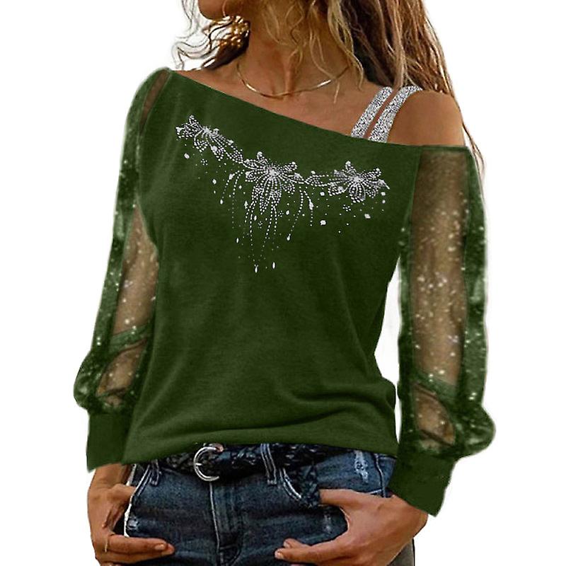 Ladies Round Neck Pullover Shoulder T-shirts with Bronzing Process Long Sleeve