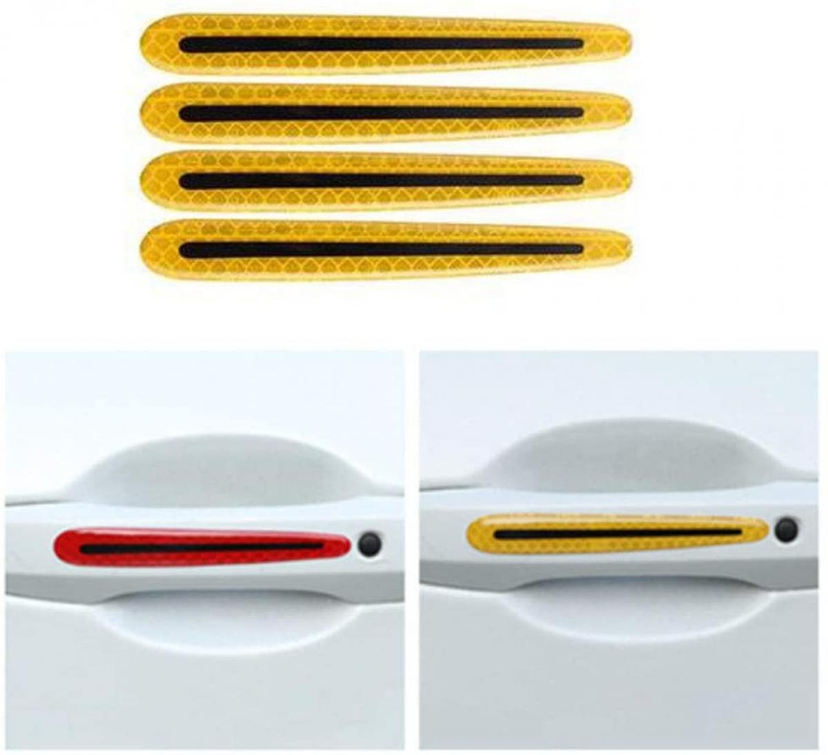 4pcs Autocollant Réfléchissant De Voiture Poignée De Porte De Porte De Protection Auto Bande Réfléchissante En Fibre De Carbone Pour La Décoration De Voiture, Autocollant De Sécurité De Porte De Voiture (Jaune)