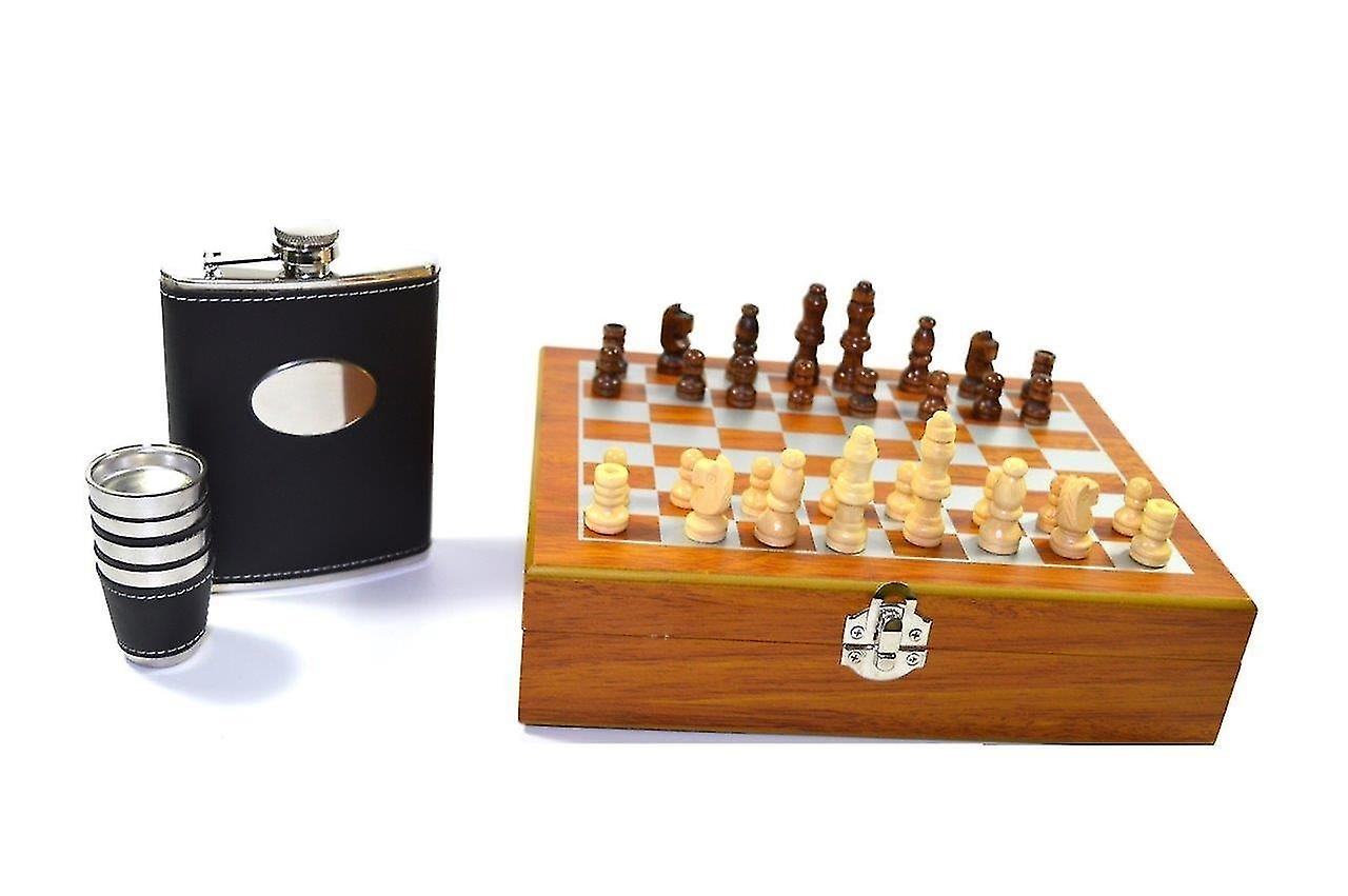 chess game with flask and shot glasses Black