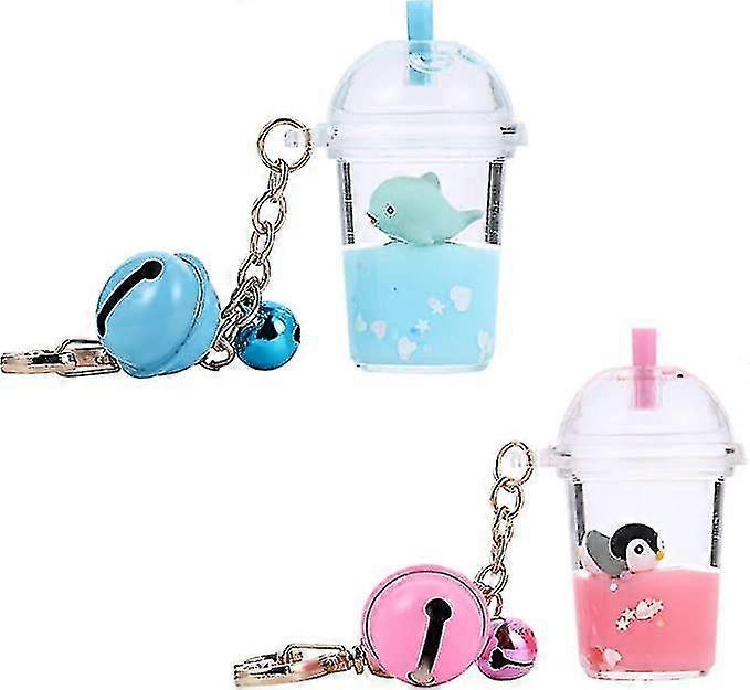 2 Pcs Boba Tea Keychain With Liquid Quicksand Keychains, Animal Bubble Tea Keychain