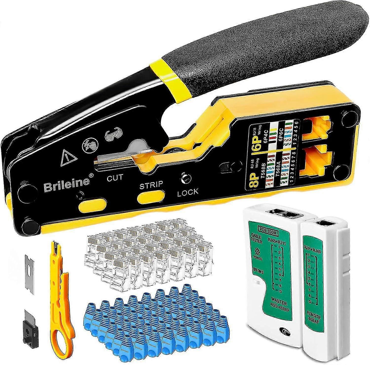 Rj45 Crimp Tool Pass Through Kit Ethernet Crimper Cat5 Cat5e Cat6 Crimping Tool For Rj11/12 6p/8p With Network Lan Cable Tester, 50pcs Cat6 Connectors