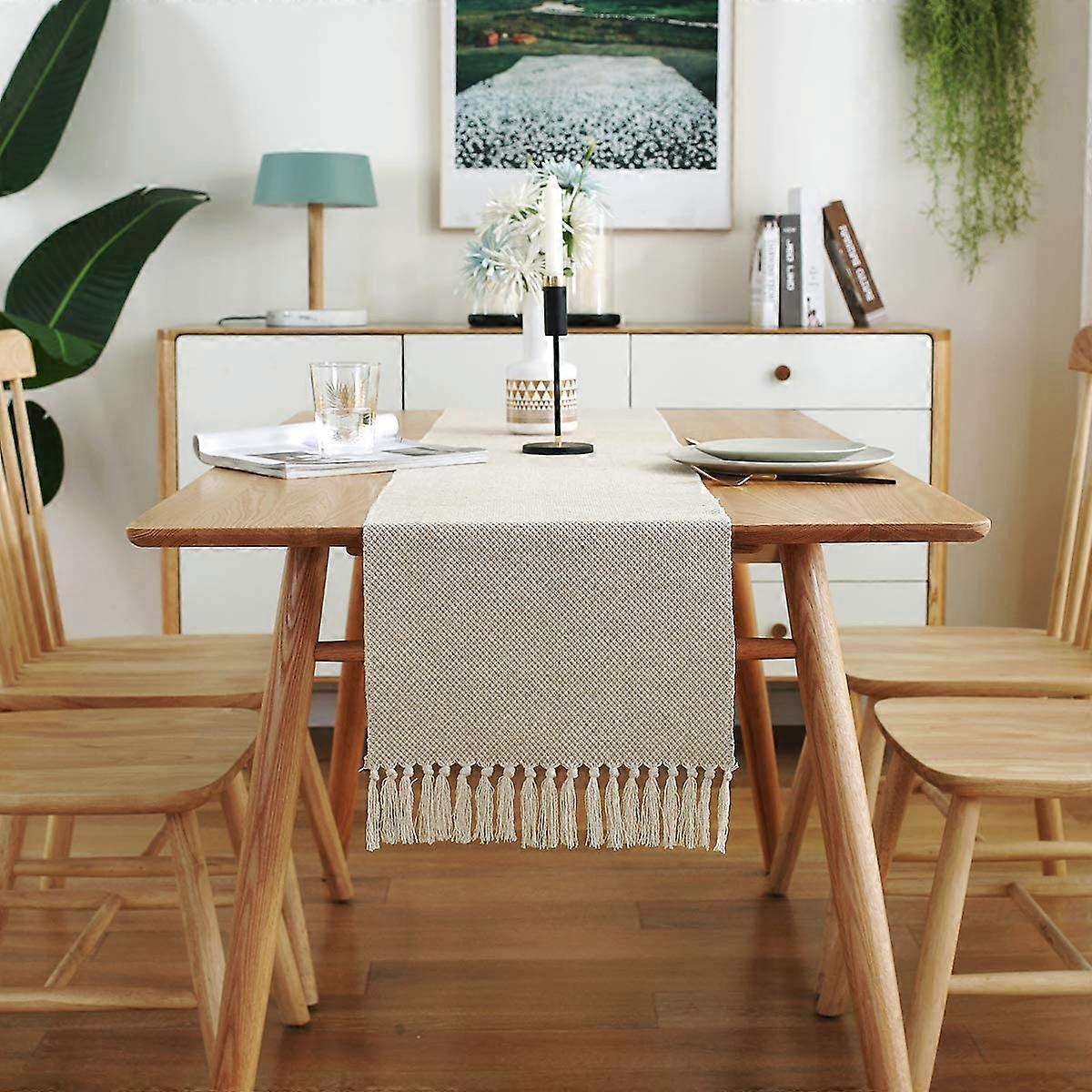 Chemin de Table en lin de coton de Style ferme, 33x160cm, fait à la main frangé