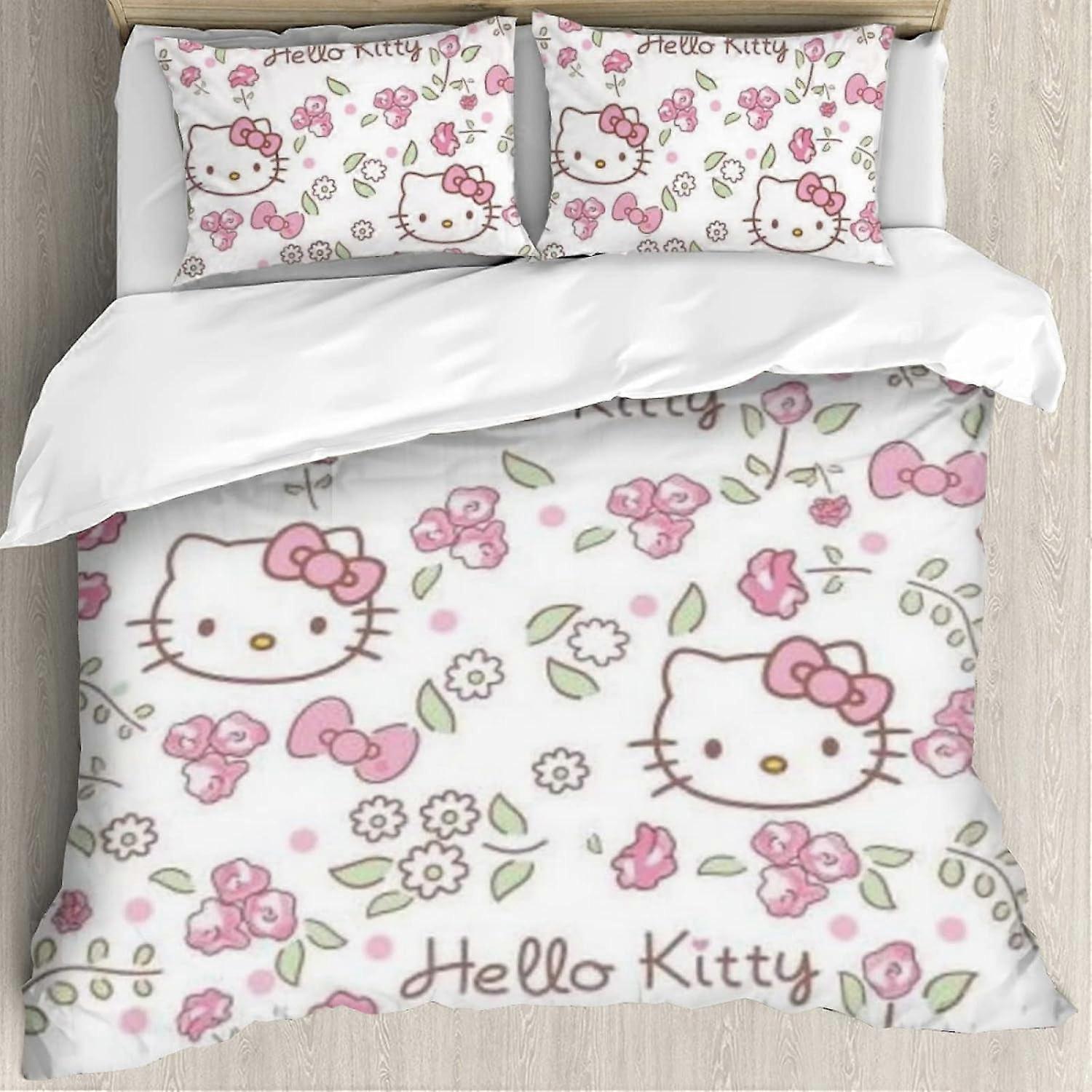 i232 Hello Cat Kitty Rosa Coração Cartoon Style Conjunto de Capa de Edredão de Algodão - 3pcs Conjunto de Cama - Meninas Meninos Crianças Conjunto de Cama - Hello Cat Kitty 