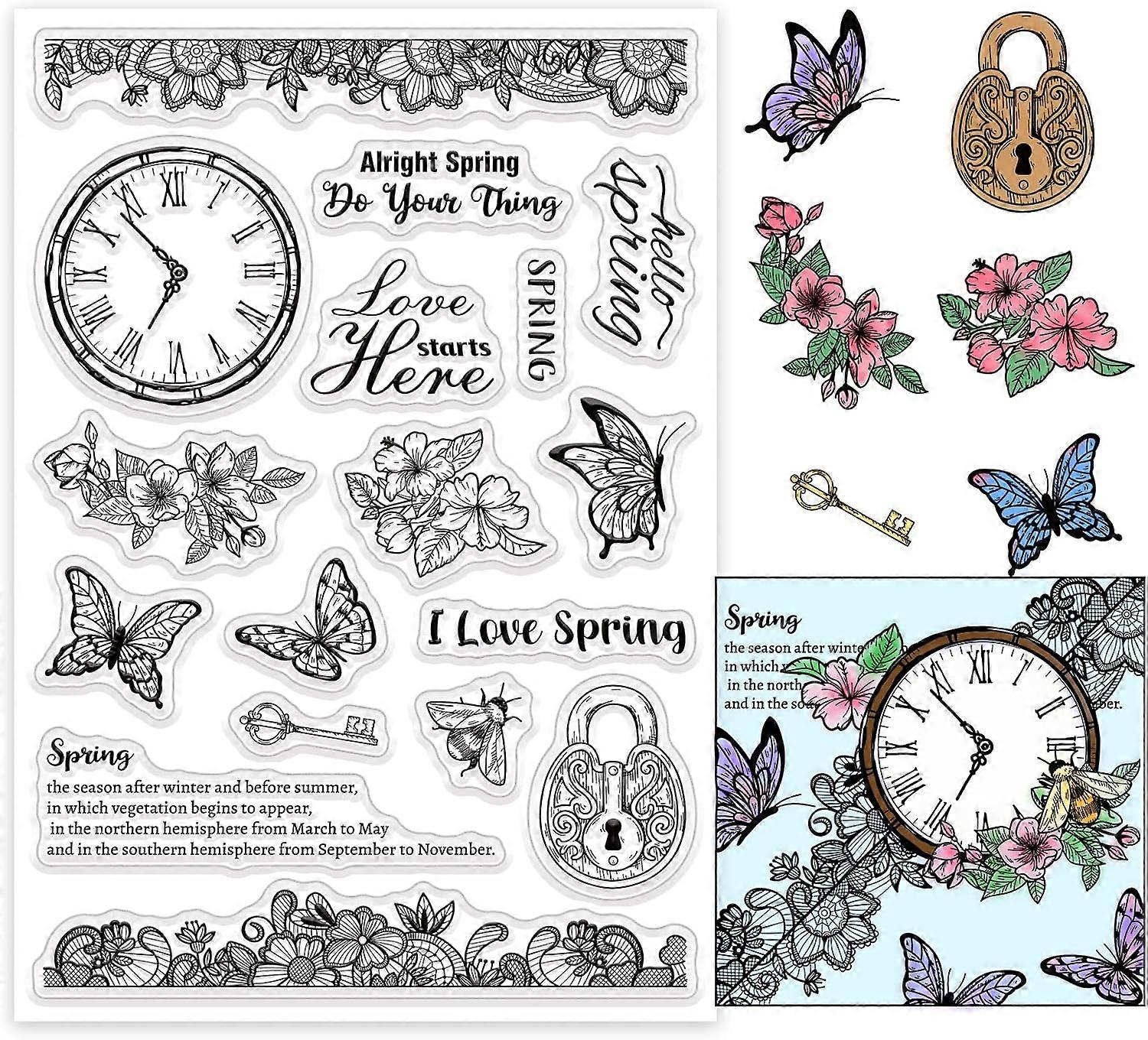 Clear Stamps Spring Flower Transparent Stamps Butterfly Silicone Stamp Rubber Stamp for Spring Summer Card Making Journaling Photo Album Journal Scrap
