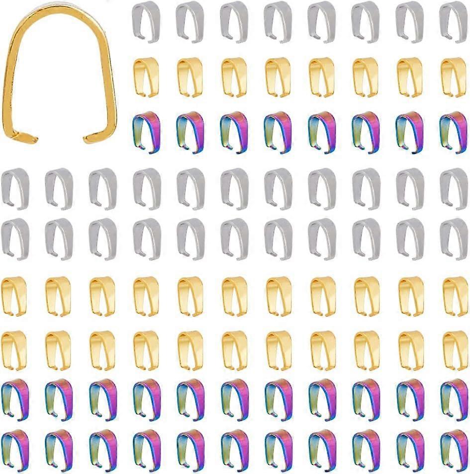 90Pcs 3 Colors Pinch Clip Clasps Bails Stainless Steel Snap on Bails Golden and Rainbow Color Snap on Bail Pendant Connector Claw Clasp Bails for Jewe