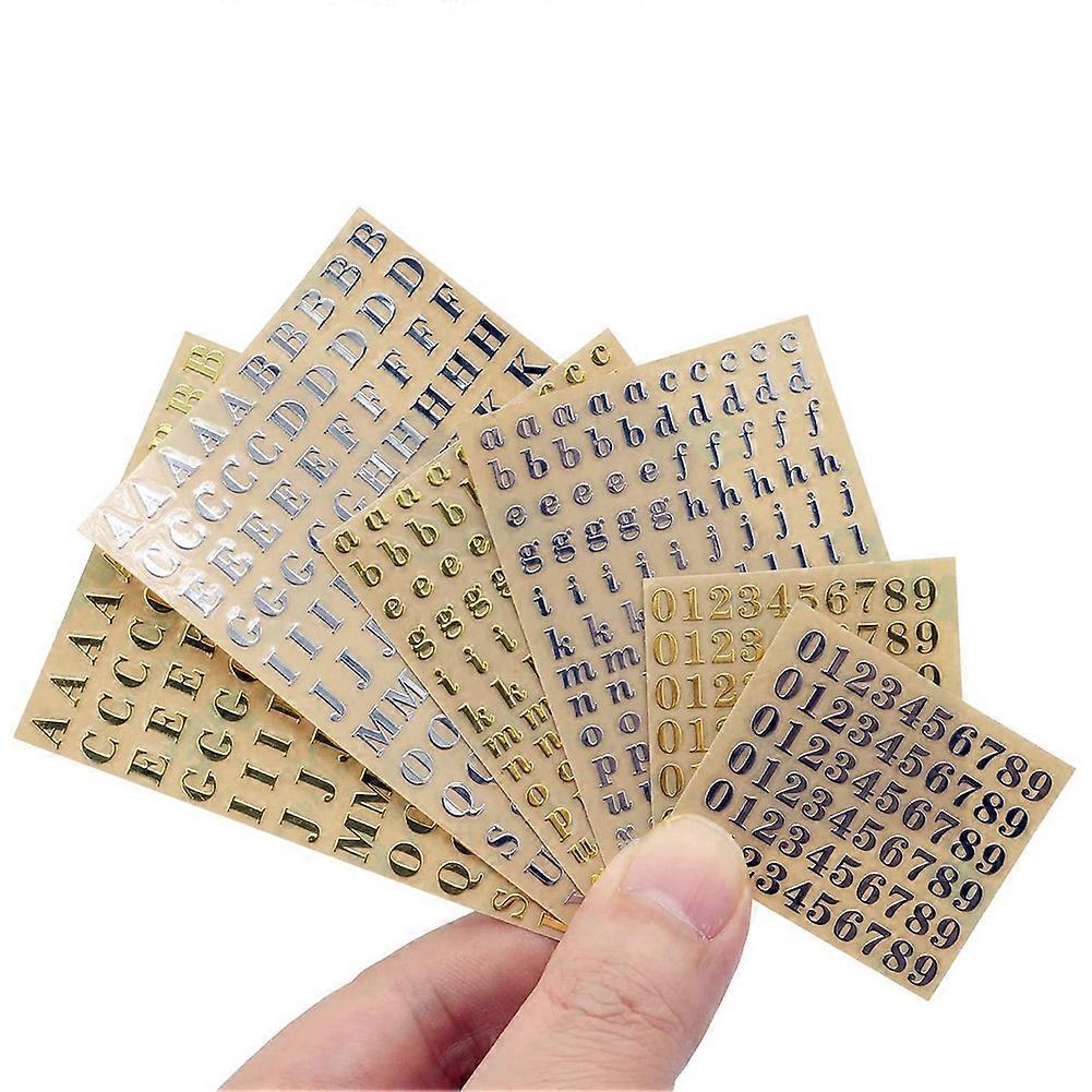 6 Feuilles Petit 0,18 Pouce Alphabet Numéro Autocollants Glitter Alliage Auto-Adhésif Lettres Autocollants Or/Argent (4,5 mm)