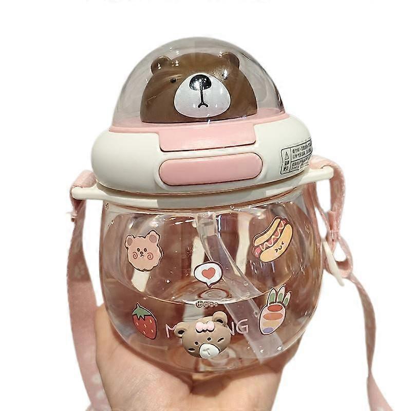 Cute Bear Straw Cup Plastic Water Cup Pink + Sticker 650ML