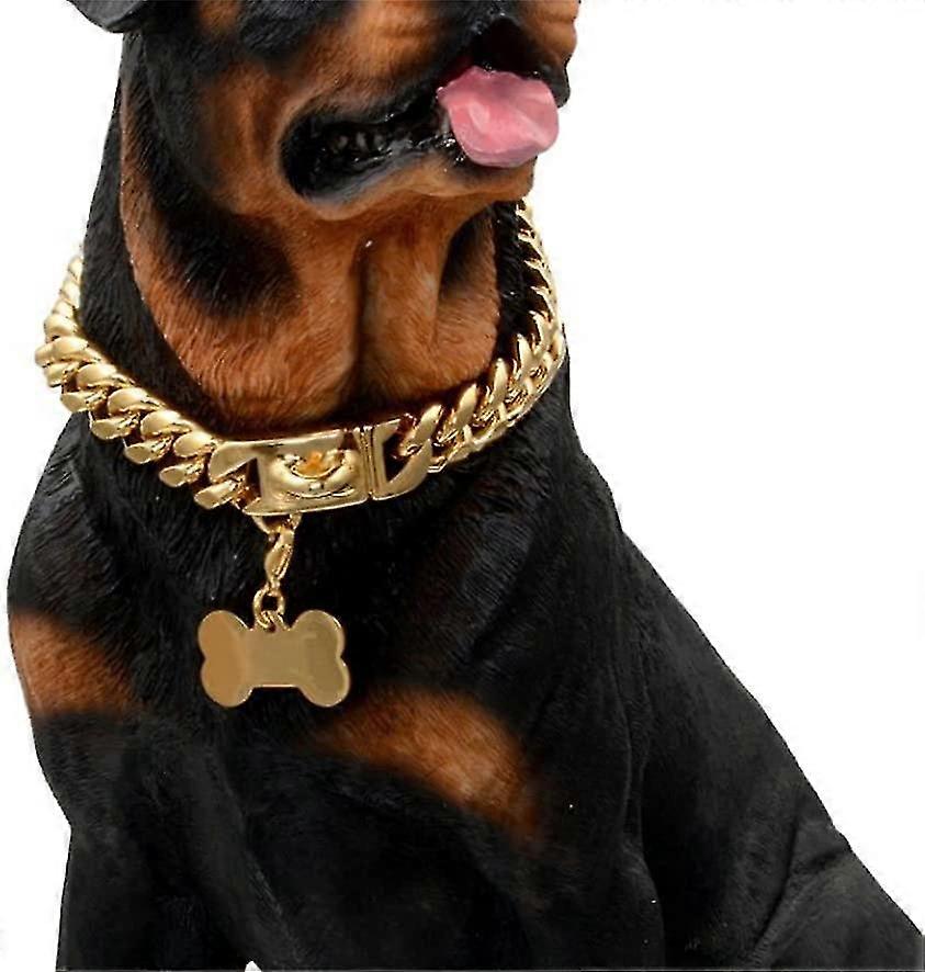 Gold Dog Chain Choke Collar,solid Cuban Link Strong, Heavy Duty Chew Resistant With Design Secure Buckle And Blank Bone Shape Id Tag