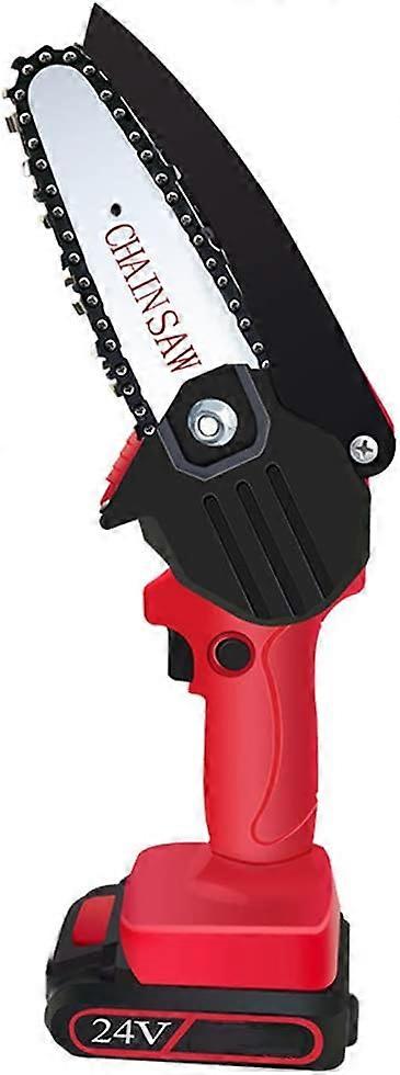 24V Lithium Rechargeable Electric Mini Chainsaw Cordless Hand Saw for Woodworking Cutting and Pruning Tool for Garden (Red)