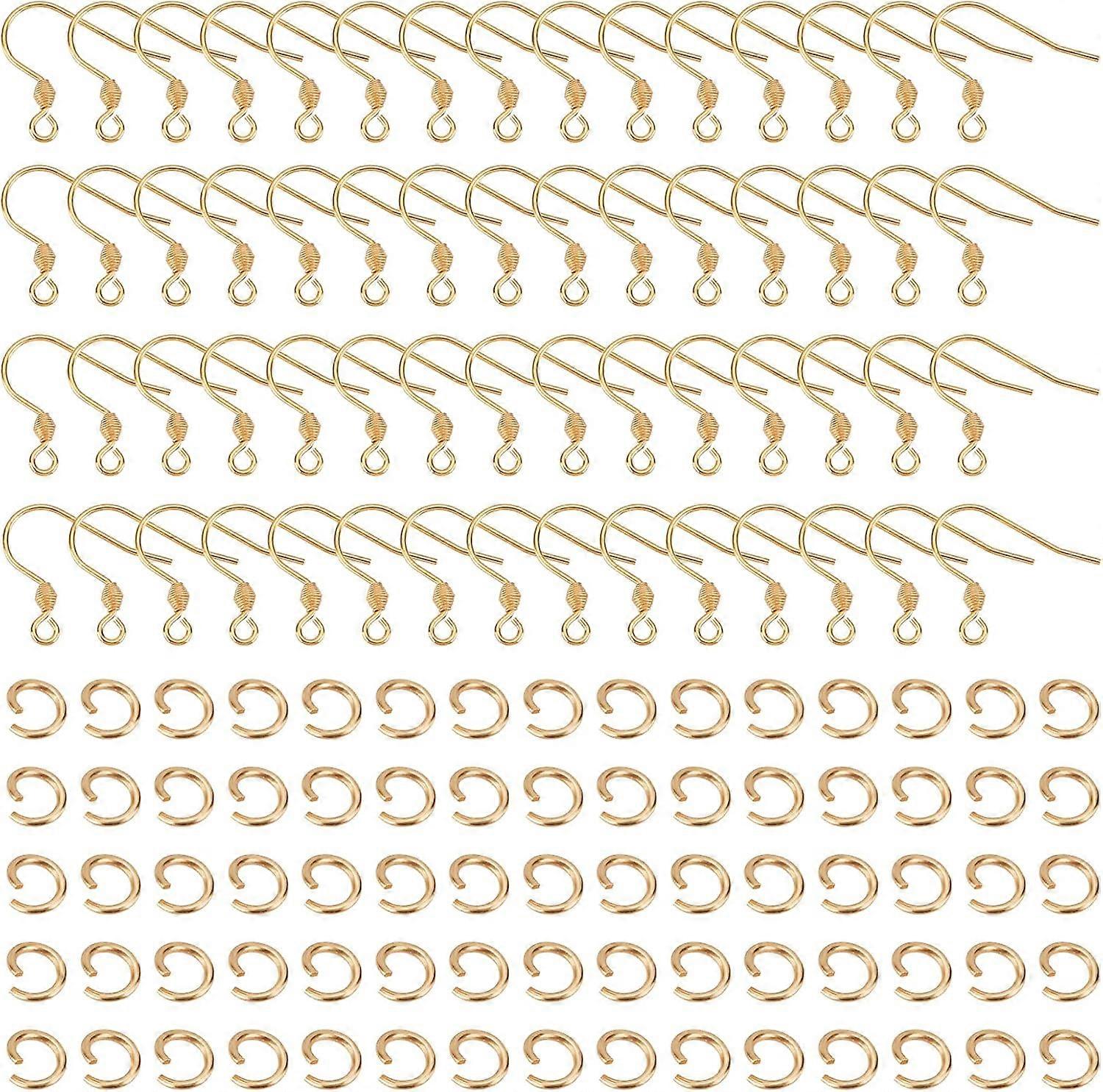 100pcs Golden Earring Hooks Earring Making Kit Ear Wires Fish Hooks with 100pcs Open Jump Rings for DIY Jewelry Making 18x16x0.8mm