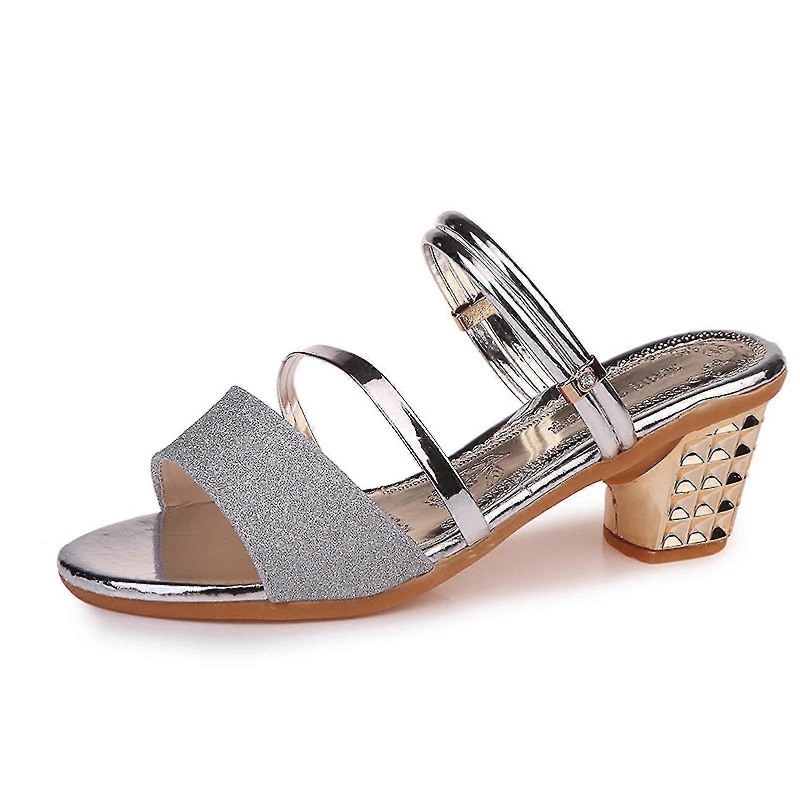 Women's Summer Low Heel Sandals Shine Sequin Sparkle Slides Open Toe Dress Sandals For Party Evening Office Working Shoes