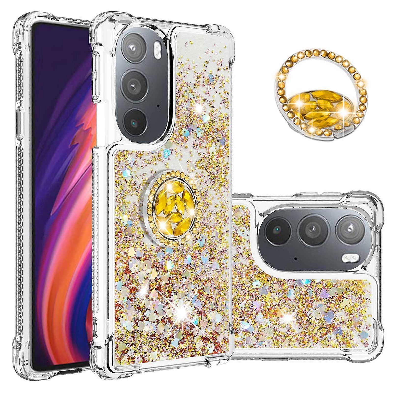 Case for Motorola Moto Edge 30 Pro Bling Flowing Liquid Floating Sparkle Glitter Bumper with Rotation Ring Kickstand Compatible with Motorola Moto Edg