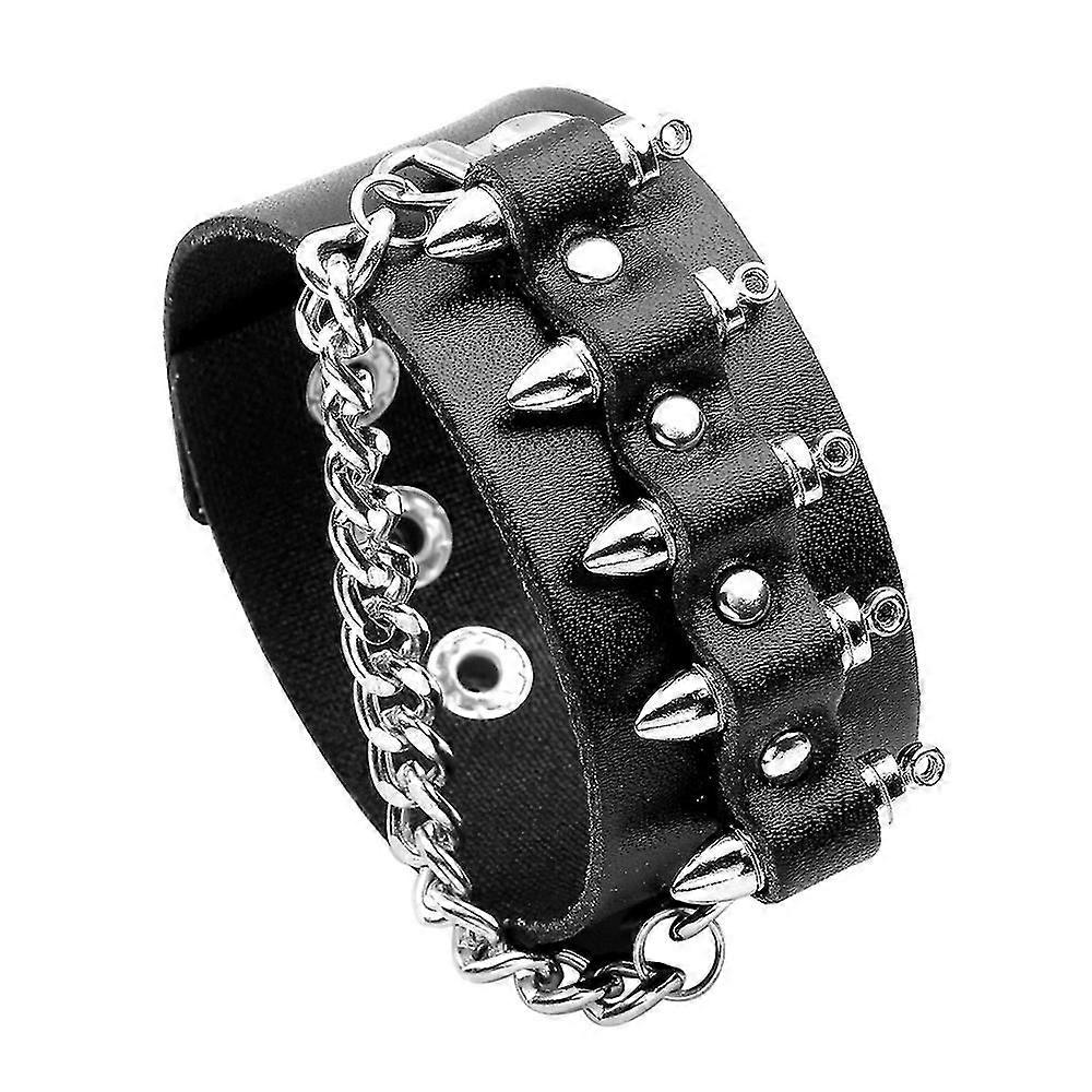 Gothic Punk Unique Shape Chain Link Cool Cuff Leather Bracelet Bangle(black)(1pcs)