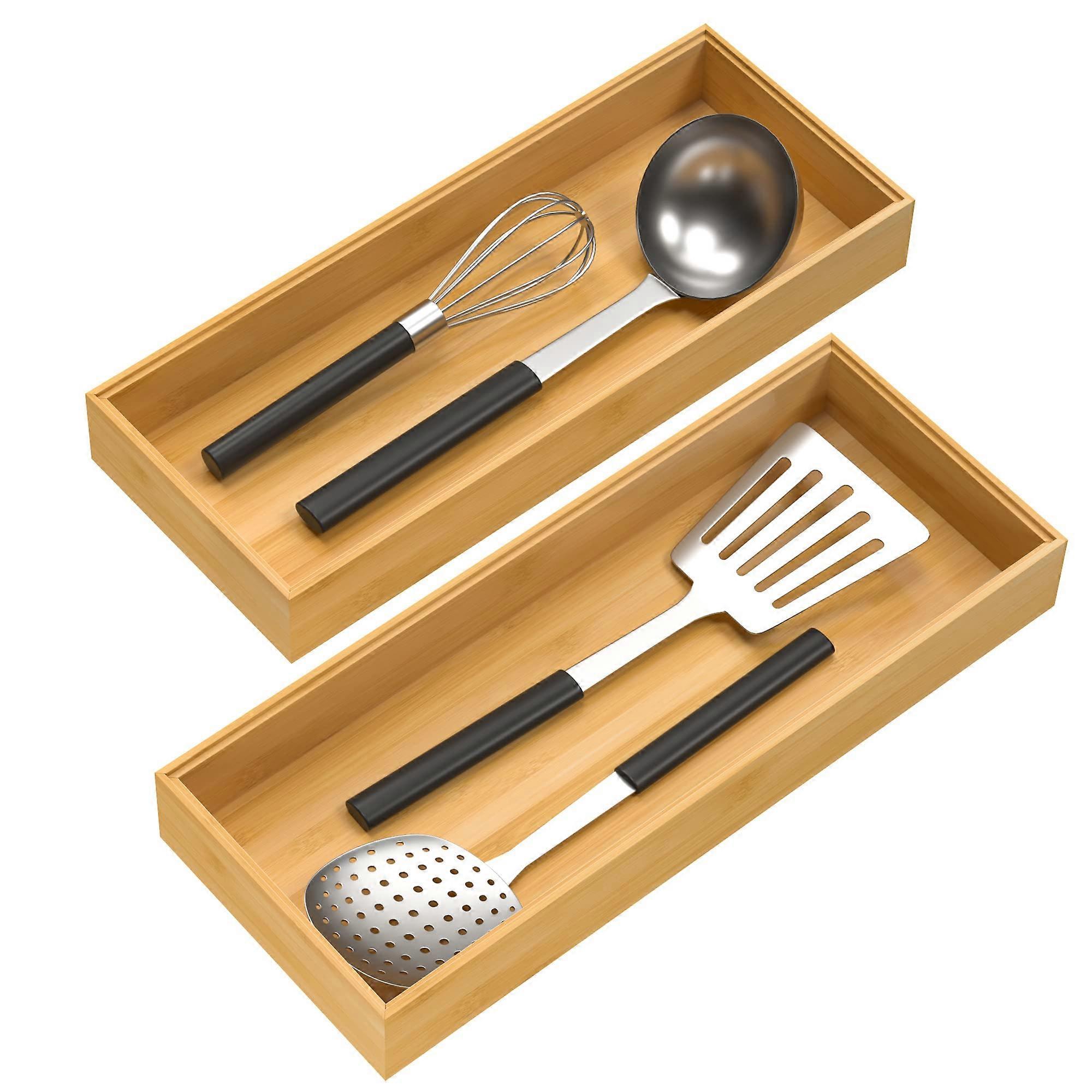 Schubladen-Aufbewahrungsbox aus Bambus, stapelbare Besteckbox, 15" x 6" x 2", 2er-Pack
