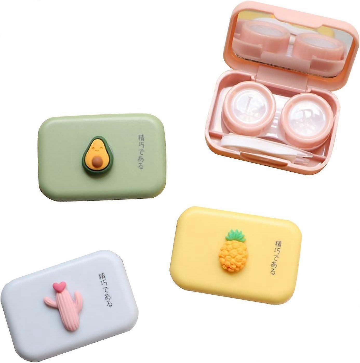 Contact Lens Case, 4 Pcs Cute Daisy Bowknot Fruit Flower 3D Pattern Containers for Contact Lenses with Mirror
