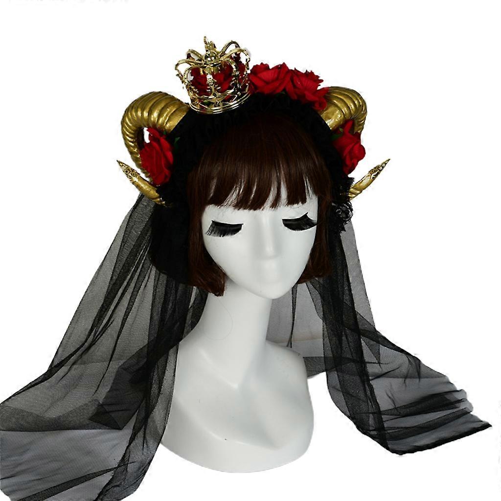 Halloweenská čelenka s rohem a růžovým květem, gotický závoj, čelenka s býčím rohem, čelenky s cosplay doplňky do vlasů, vícebarevná