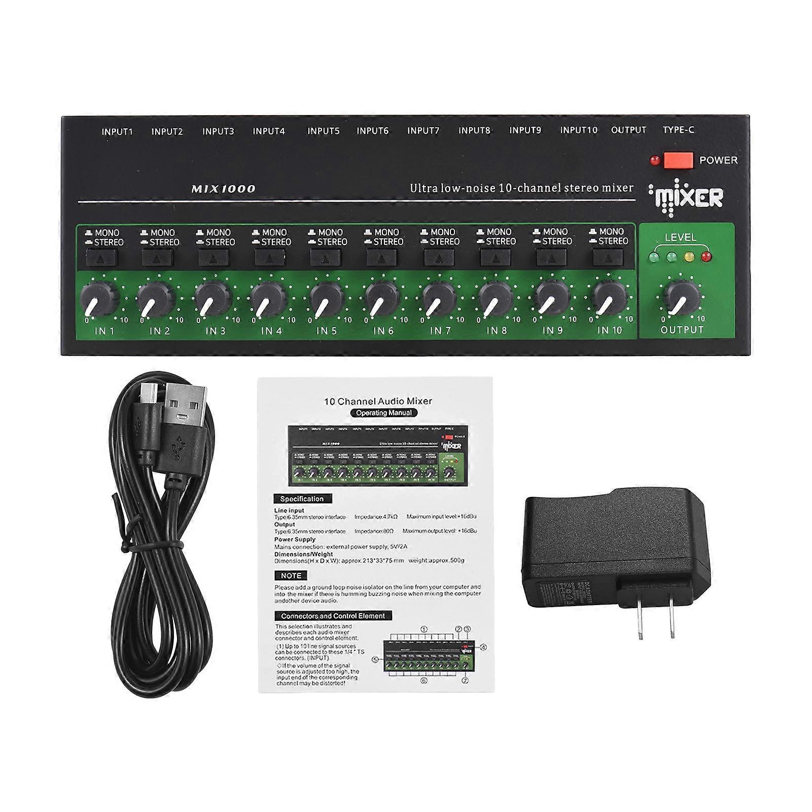 10-Channel Ultralow-noise Audio Mixer with Independent Volume Knobs, 6.35mm TRS/TS Input, Metal Shell, for Guitar, Bass, Keyboard