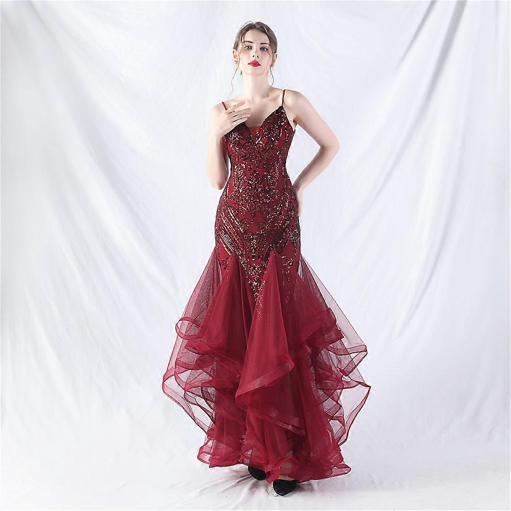 sexy see through look woman long Evening Dress Gauze deep V dinner dressed  sequin | Fruugo UK