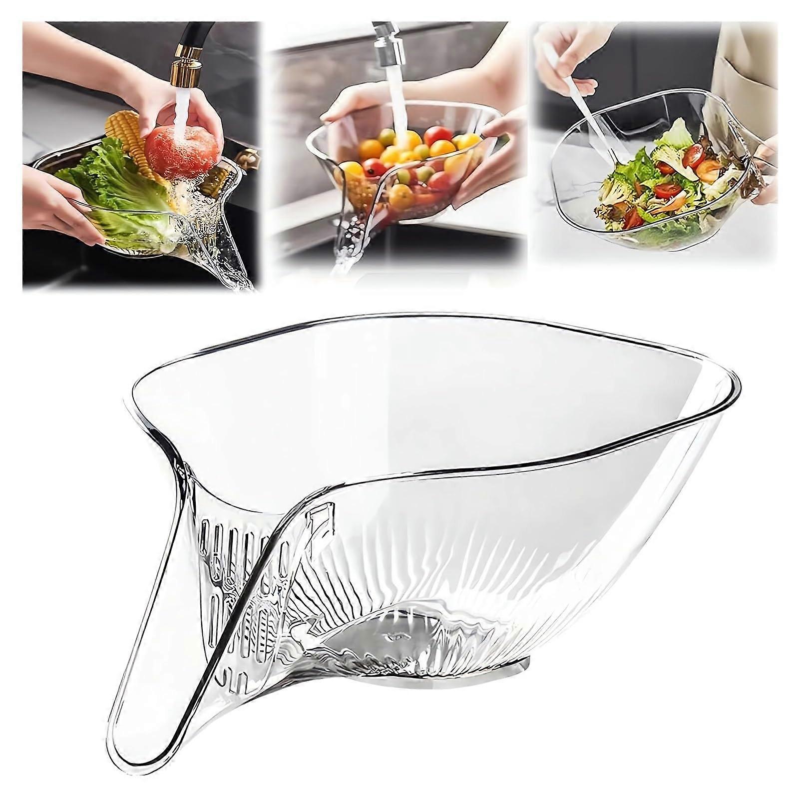 Multi-Functional Drain Basket - 2024 Fruit Cleaning Bowl with Strainer, Clear Vegetable Washing Filter, Over Sink Colander (2PCS)